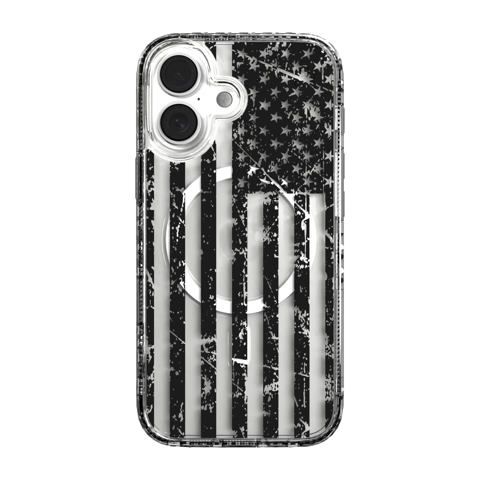 iPhone 16 Series | MagSafe | Red, White & Blue Case Collection | Weathered Black & White American Flag Black Flag / iPhone 16 / Clear