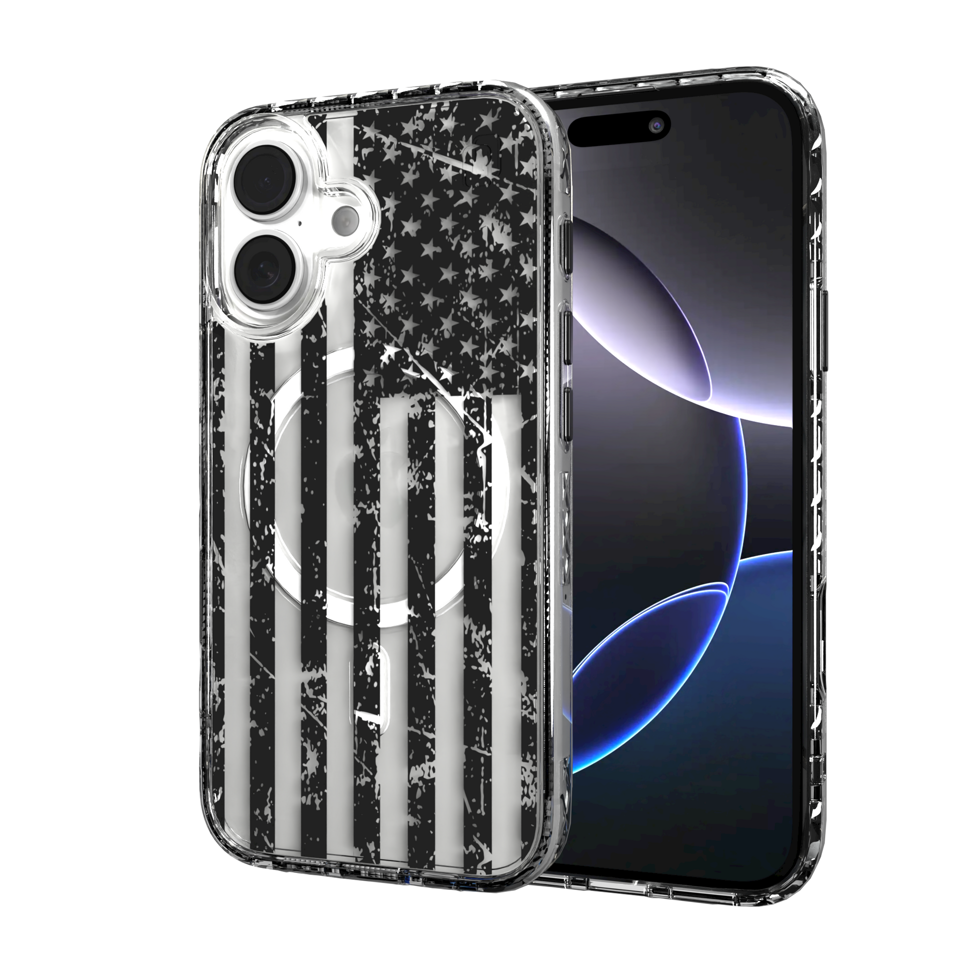 iPhone 16 Series | MagSafe | Red, White & Blue Case Collection | Weathered Black & White American Flag Black Flag / iPhone 16 / Clear