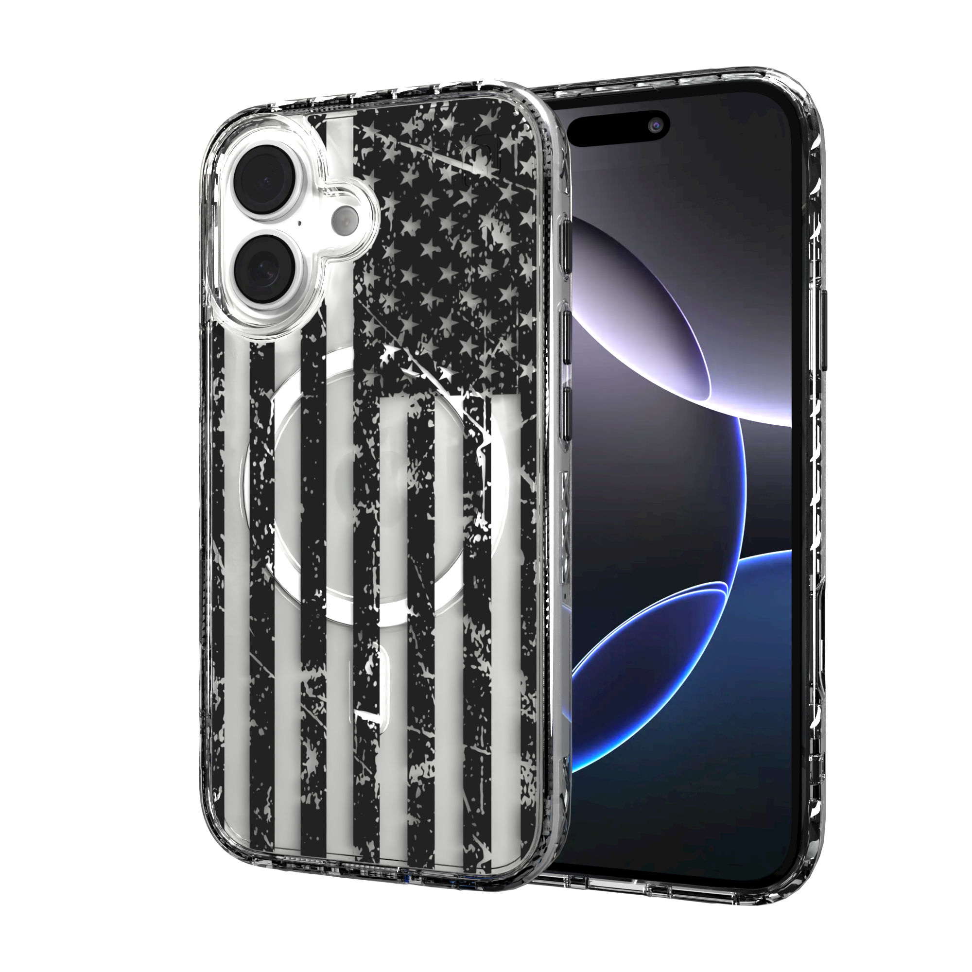 iPhone 16 Series | MagSafe | Red, White & Blue Case Collection | Weathered Black & White American Flag Black Flag / iPhone 16 / Clear