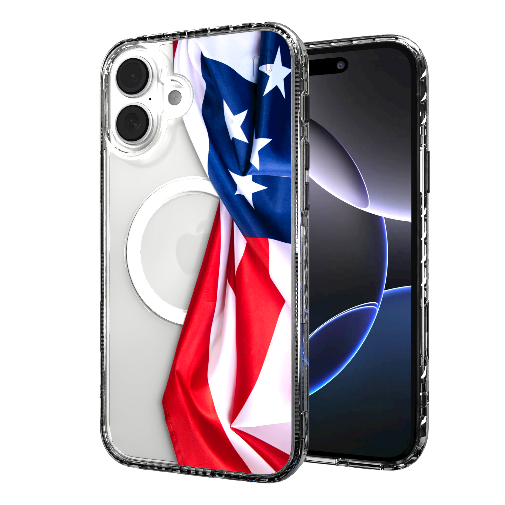 iPhone 16 Series | MagSafe | Red, White & Blue Case Collection | Flowing American Flag Resilient Spirit / iPhone 16 Plus / Clear