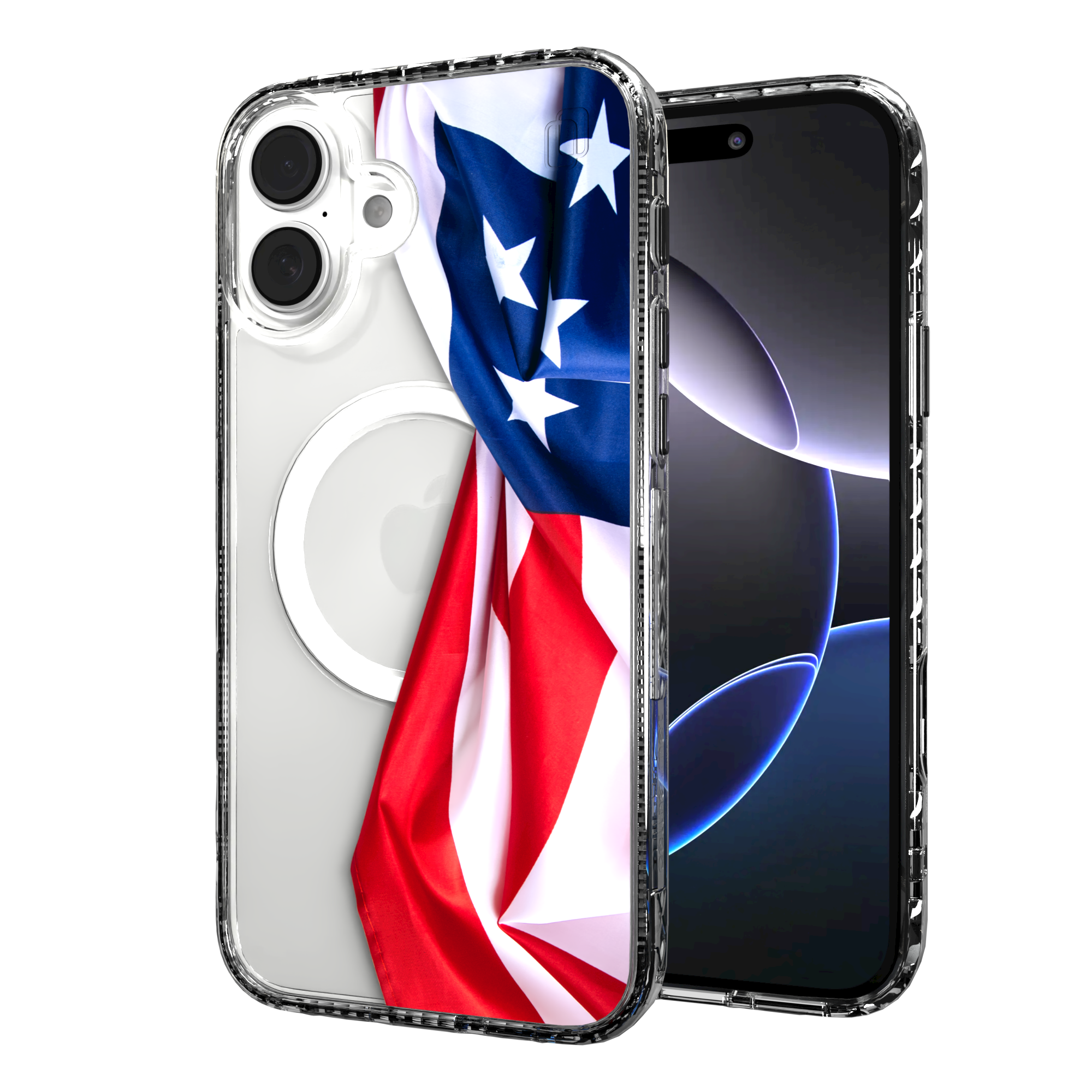 iPhone 16 Series | MagSafe | Red, White & Blue Case Collection | Flowing American Flag Resilient Spirit / iPhone 16 Plus / Clear