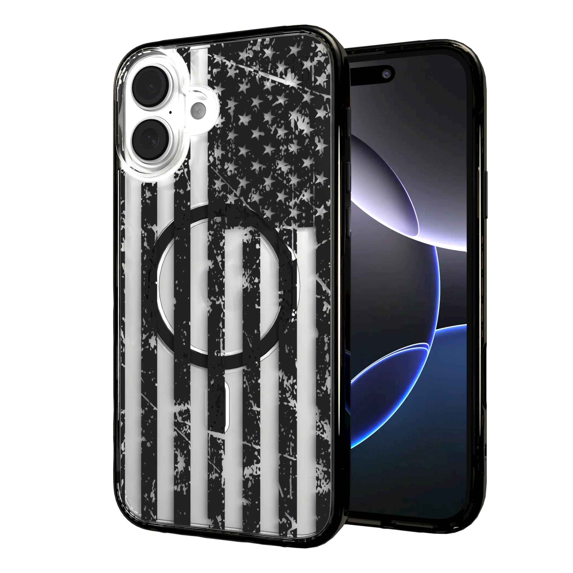 iPhone 16 Series | MagSafe | Red, White & Blue Case Collection | Weathered Black & White American Flag Black Flag / iPhone 16 Plus / Black