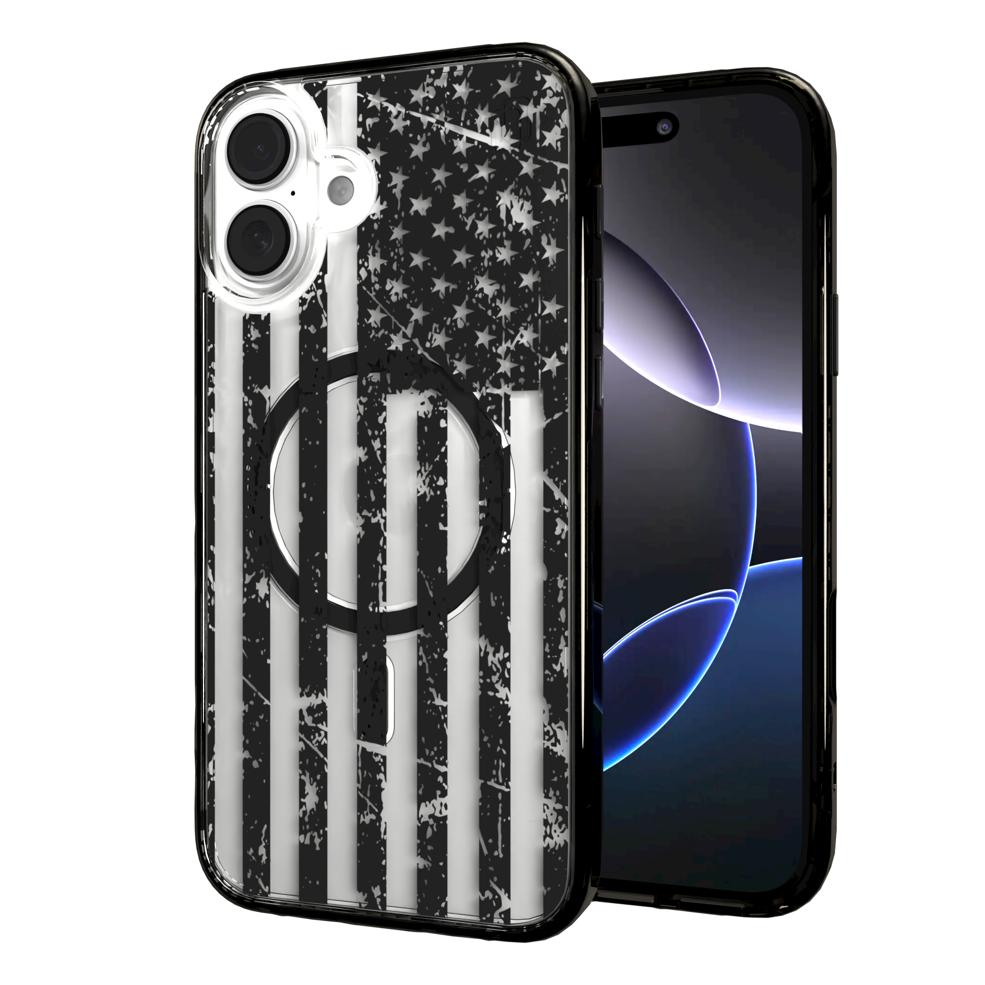 iPhone 16 Series | MagSafe | Red, White & Blue Case Collection | Weathered Black & White American Flag Black Flag / iPhone 16 Plus / Black