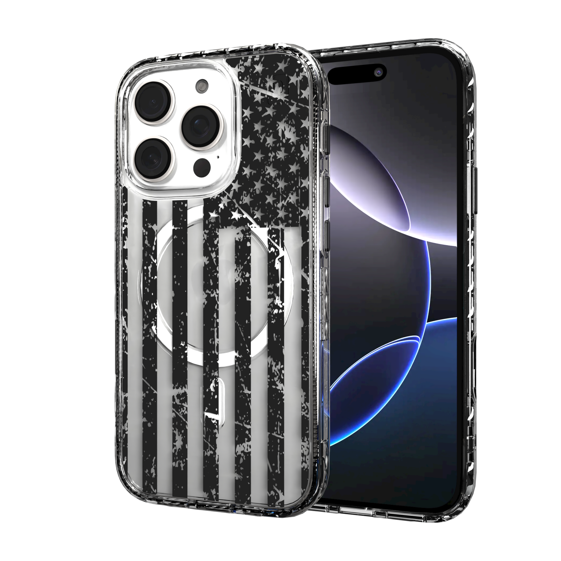 iPhone 16 Series | MagSafe | Red, White & Blue Case Collection | Weathered Black & White American Flag Black Flag / iPhone 16 Pro / Clear