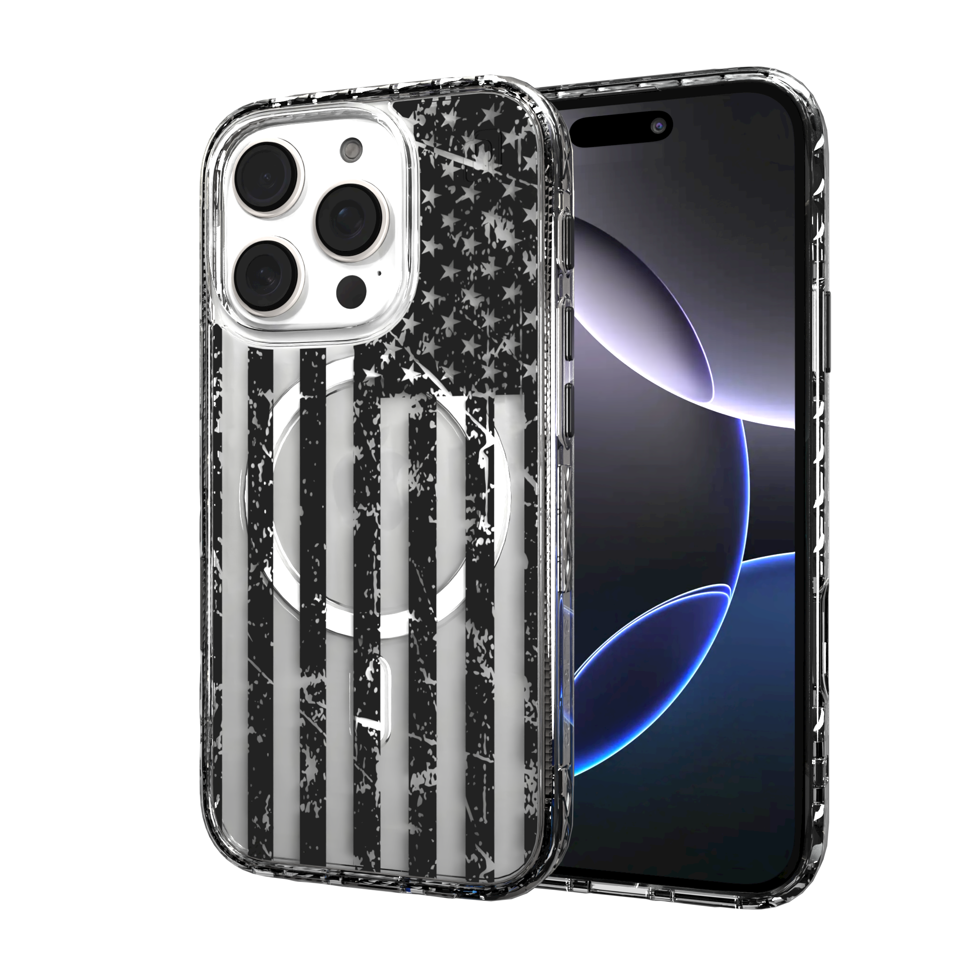 iPhone 16 Series | MagSafe | Red, White & Blue Case Collection | Weathered Black & White American Flag Black Flag / iPhone 16 Pro / Clear