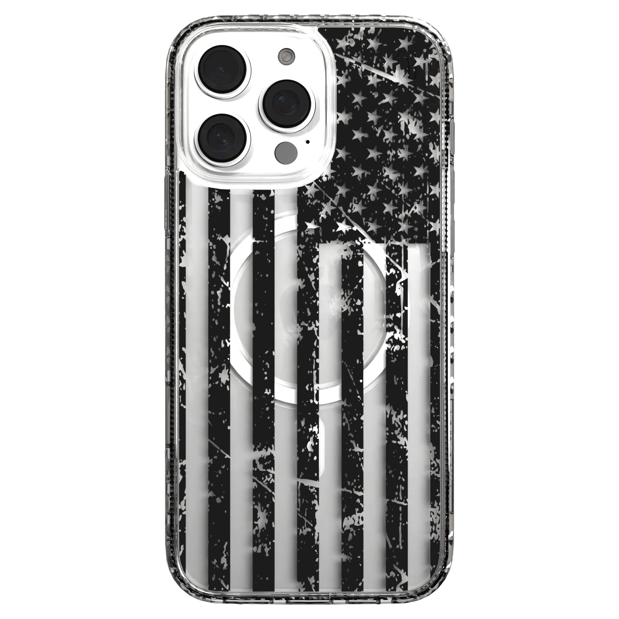 iPhone 16 Series | MagSafe | Red, White & Blue Case Collection | Weathered Black & White American Flag Black Flag / iPhone 16 Pro Max / Clear