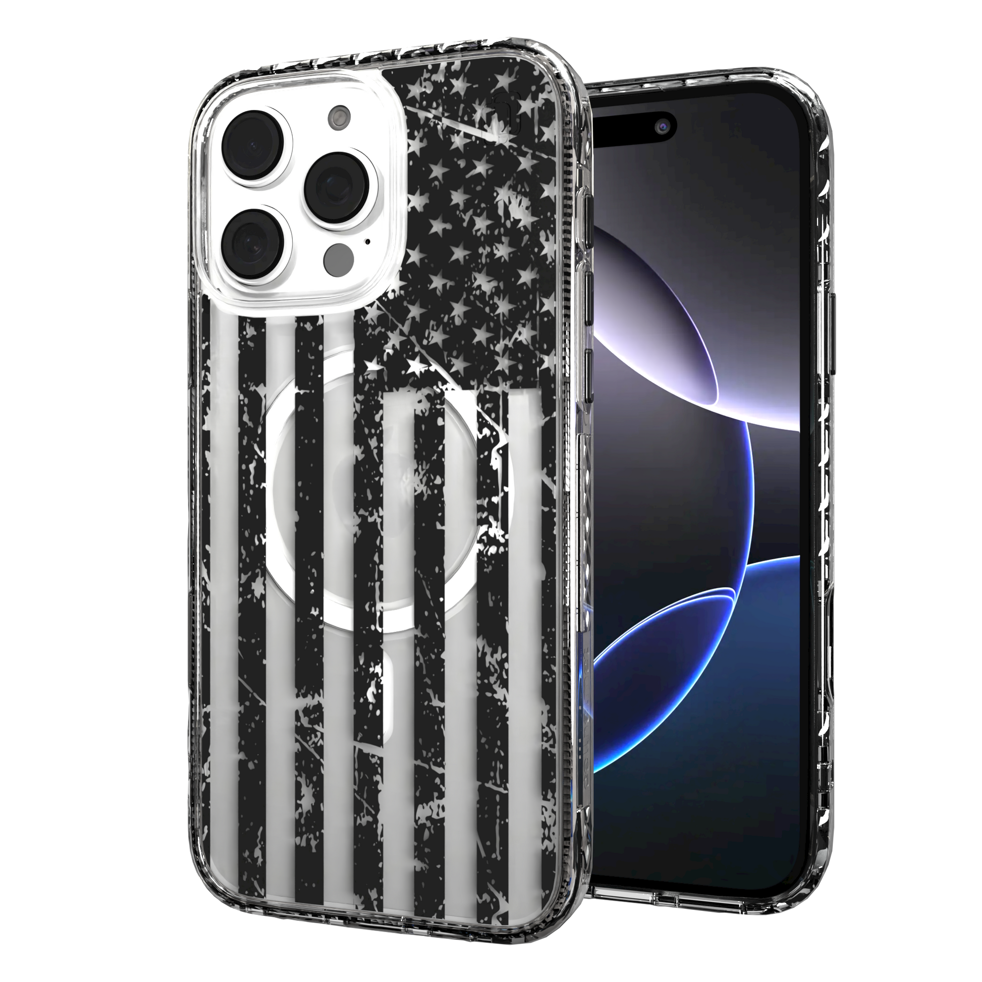 iPhone 16 Series | MagSafe | Red, White & Blue Case Collection | Weathered Black & White American Flag Black Flag / iPhone 16 Pro Max / Clear