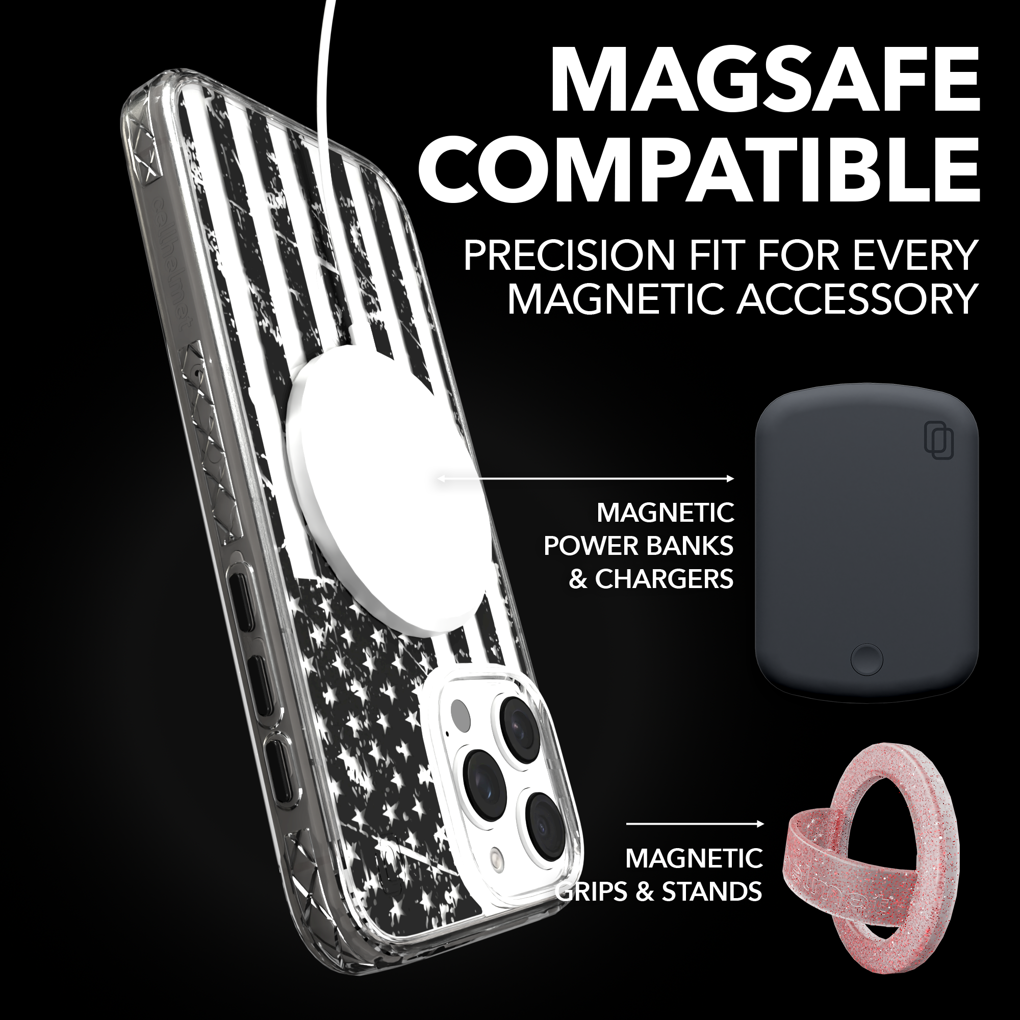 iPhone 16 Series | MagSafe | Red, White & Blue Case Collection | Weathered Black & White American Flag Black Flag / iPhone 16 Pro Max / Clear
