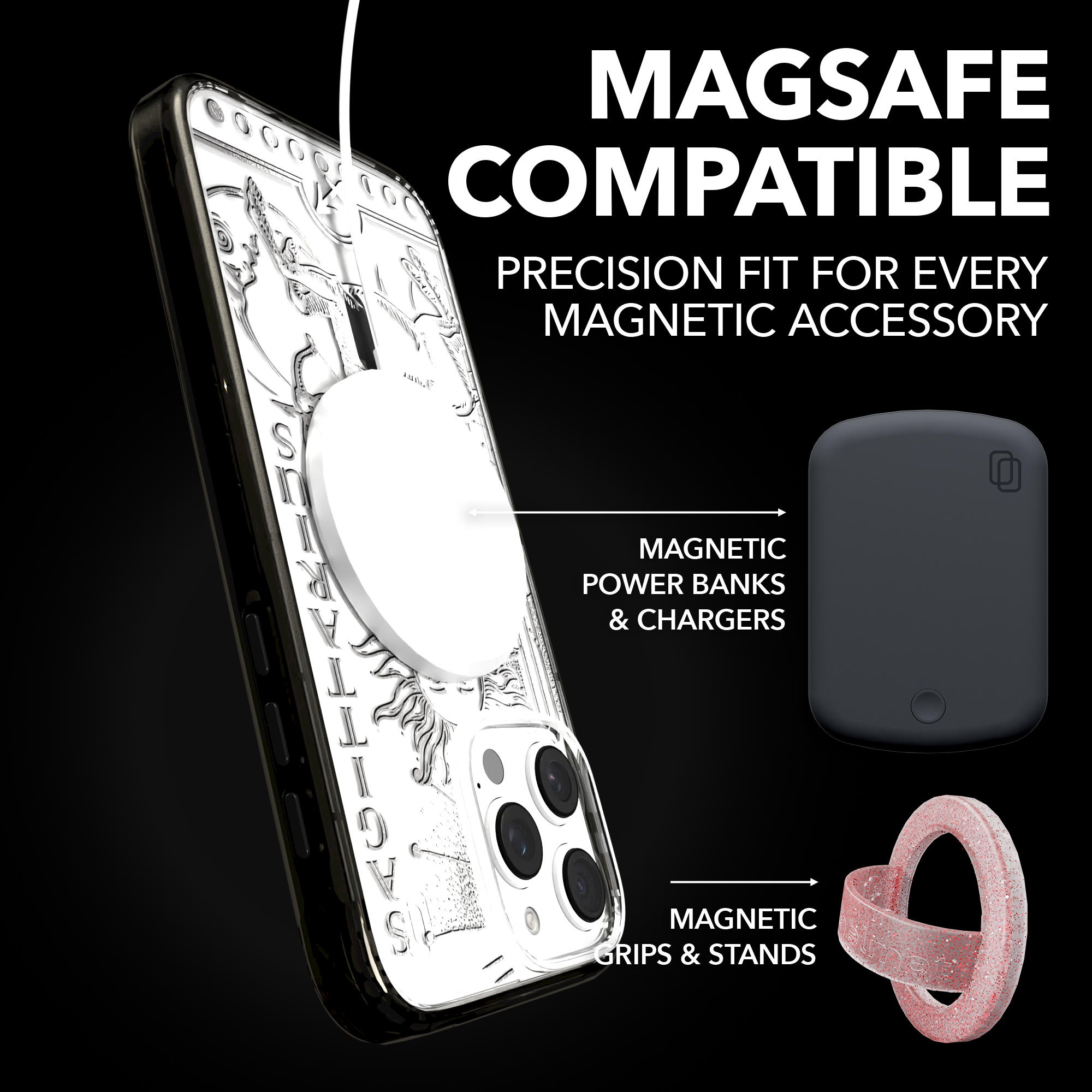 iPhone 16 Series | MagSafe | Zodiac Collection | Sagitarius Sagittarius Silver / iPhone 16 Pro Max / Black