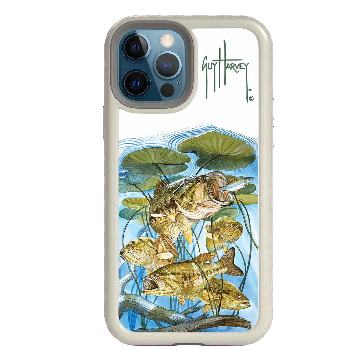 Guy Harvey Fortitude Series for Apple iPhone 12 / 12 Pro - Five Largemouth Under Lilypads - Custom Case - Gray - cellhelmet
