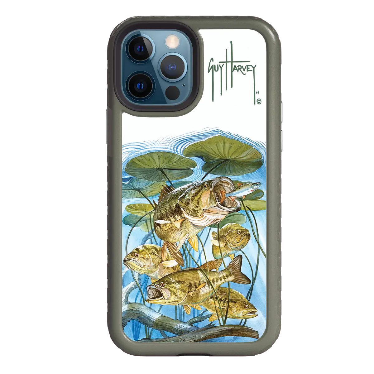 Guy Harvey Fortitude Series for Apple iPhone 12 / 12 Pro - Five Largemouth Under Lilypads - Custom Case - OliveDrabGreen - cellhelmet
