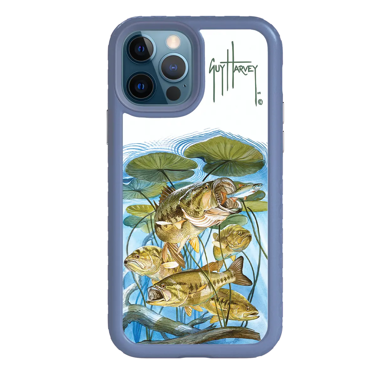Guy Harvey Fortitude Series for Apple iPhone 12 / 12 Pro - Five Largemouth Under Lilypads - Custom Case - SlateBlue - cellhelmet