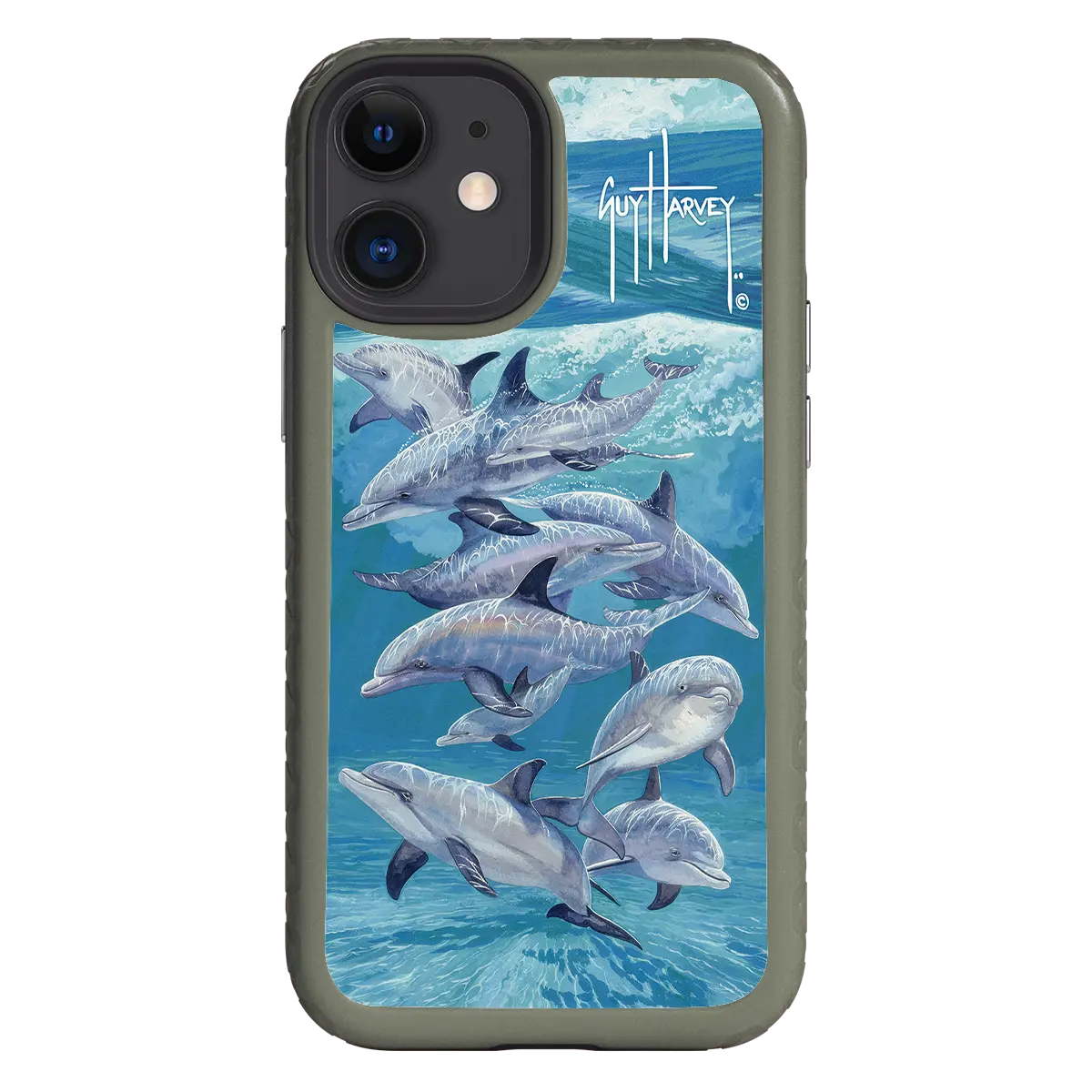 Guy Harvey Fortitude Series for Apple iPhone 12 Mini - Bottlenose Dolphins - Custom Case - OliveDrabGreen - cellhelmet