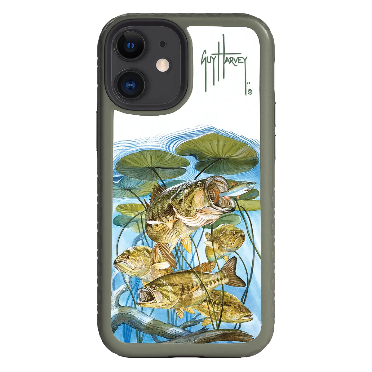 Guy Harvey Fortitude Series for Apple iPhone 12 Mini - Five Largemouth Under Lilypads - Custom Case - OliveDrabGreen - cellhelmet