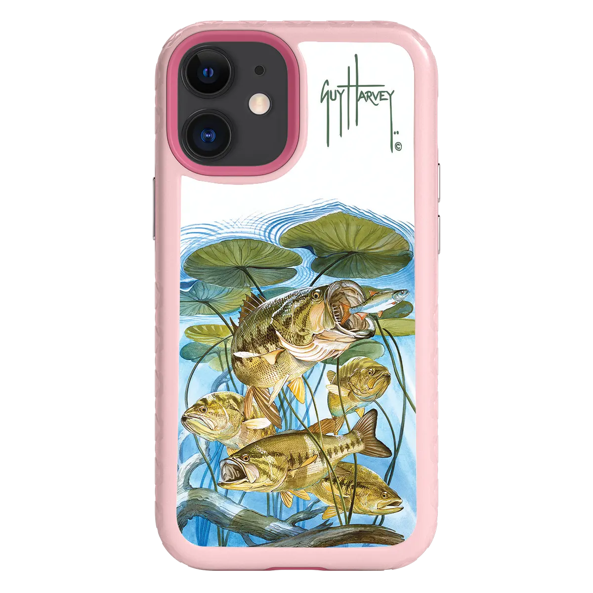 Guy Harvey Fortitude Series for Apple iPhone 12 Mini - Five Largemouth Under Lilypads - Custom Case - PinkMagnolia - cellhelmet
