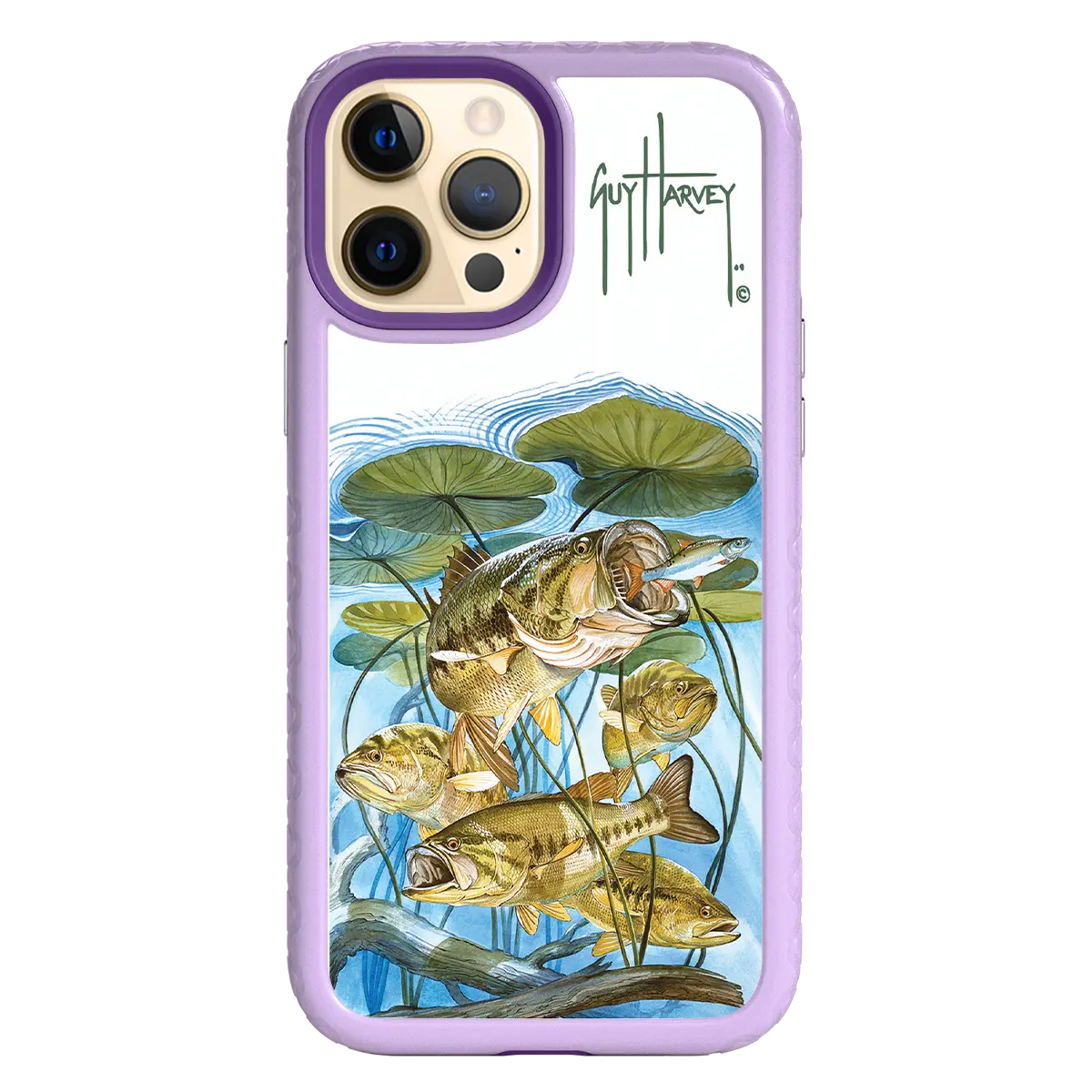 Guy Harvey Fortitude Series for Apple iPhone 12 Pro Max - Five Largemouth Under Lilypads - Custom Case - LilacBlossom - cellhelmet