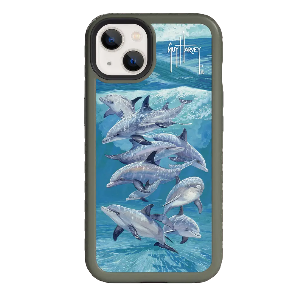 Guy Harvey Fortitude Series for Apple iPhone 13 - Bottlenose Dolphins - Custom Case - OliveDrabGreen - cellhelmet
