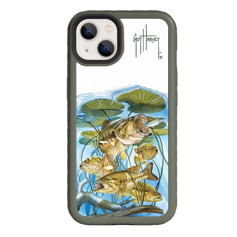 Guy Harvey Fortitude Series for Apple iPhone 13 - Five Largemouth Under Lilypads - Custom Case - OliveDrabGreen - cellhelmet