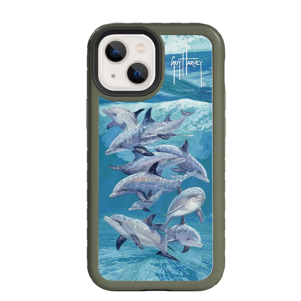 Guy Harvey Fortitude Series for Apple iPhone 13 Mini - Bottlenose Dolphins - Custom Case - OliveDrabGreen - cellhelmet