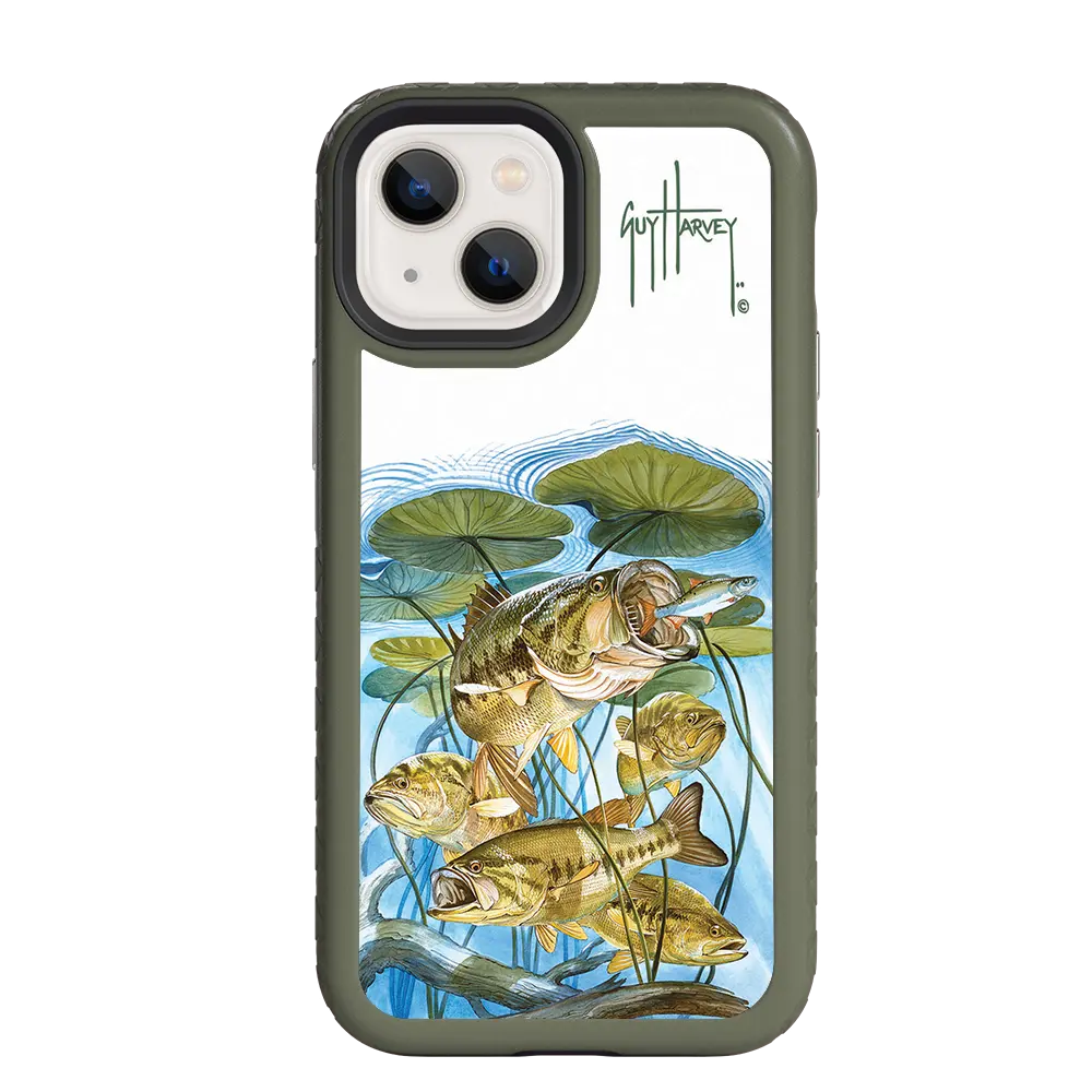 Guy Harvey Fortitude Series for Apple iPhone 13 Mini - Five Largemouth Under Lilypads - Custom Case - OliveDrabGreen - cellhelmet