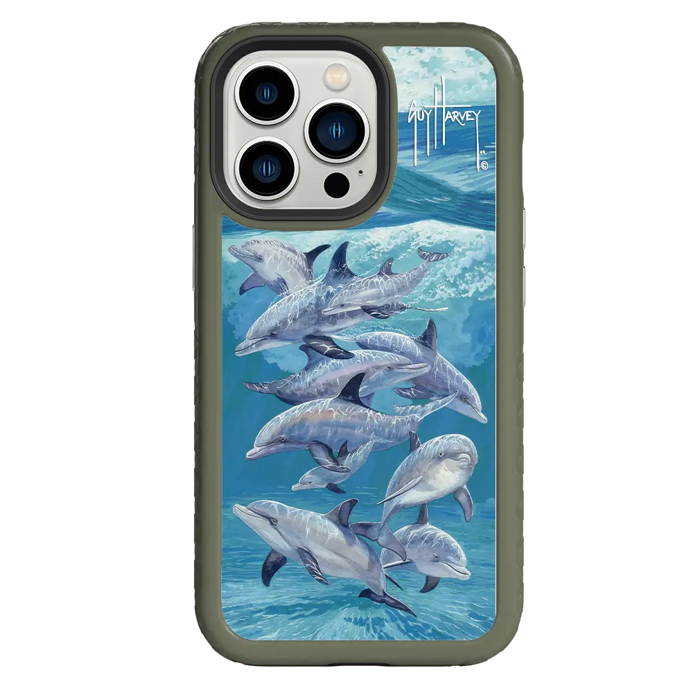 Guy Harvey Fortitude Series for Apple iPhone 13 Pro - Bottlenose Dolphins - Custom Case - OliveDrabGreen - cellhelmet