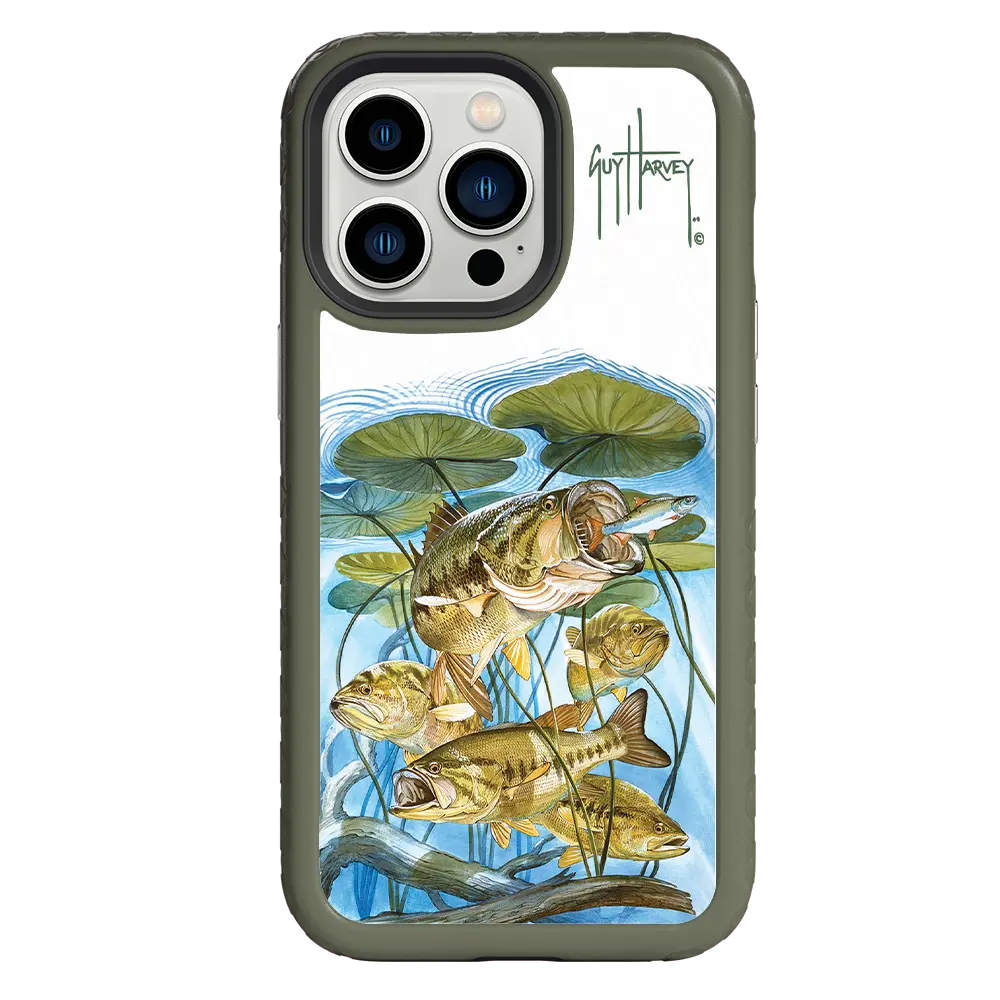 Guy Harvey Fortitude Series for Apple iPhone 13 Pro - Five Largemouth Under Lilypads - Custom Case - OliveDrabGreen - cellhelmet