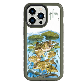Guy Harvey Fortitude Series for Apple iPhone 13 Pro - Five Largemouth Under Lilypads - Custom Case - OliveDrabGreen - cellhelmet