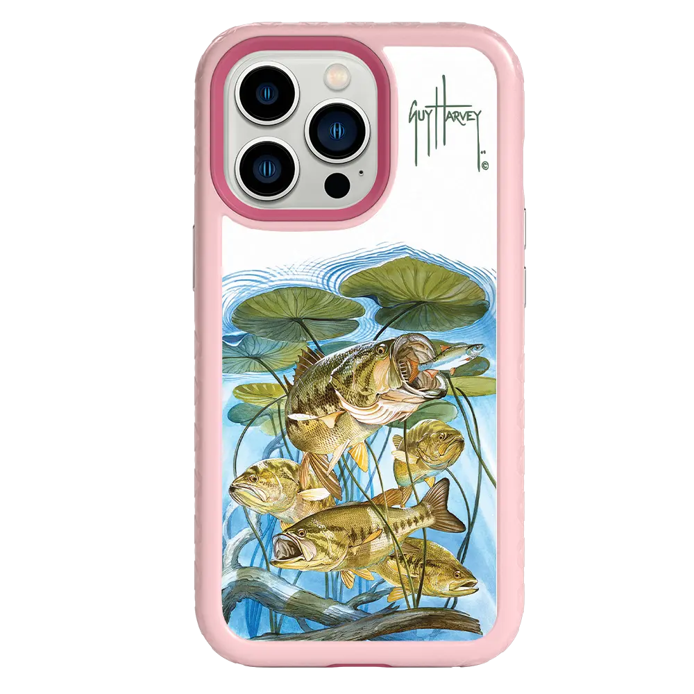 Guy Harvey Fortitude Series for Apple iPhone 13 Pro - Five Largemouth Under Lilypads - Custom Case - PinkMagnolia - cellhelmet