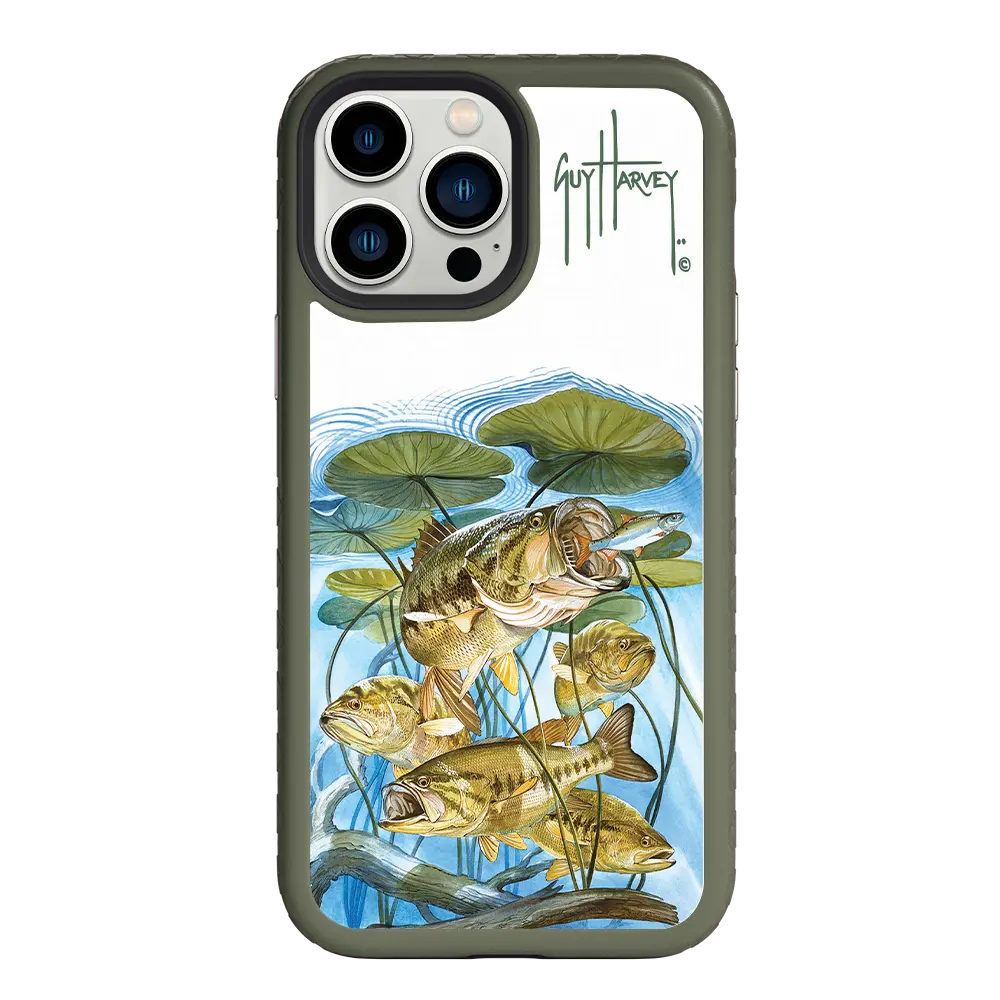 Guy Harvey Fortitude Series for Apple iPhone 13 Pro Max - Five Largemouth Under Lilypads - Custom Case - OliveDrabGreen - cellhelmet