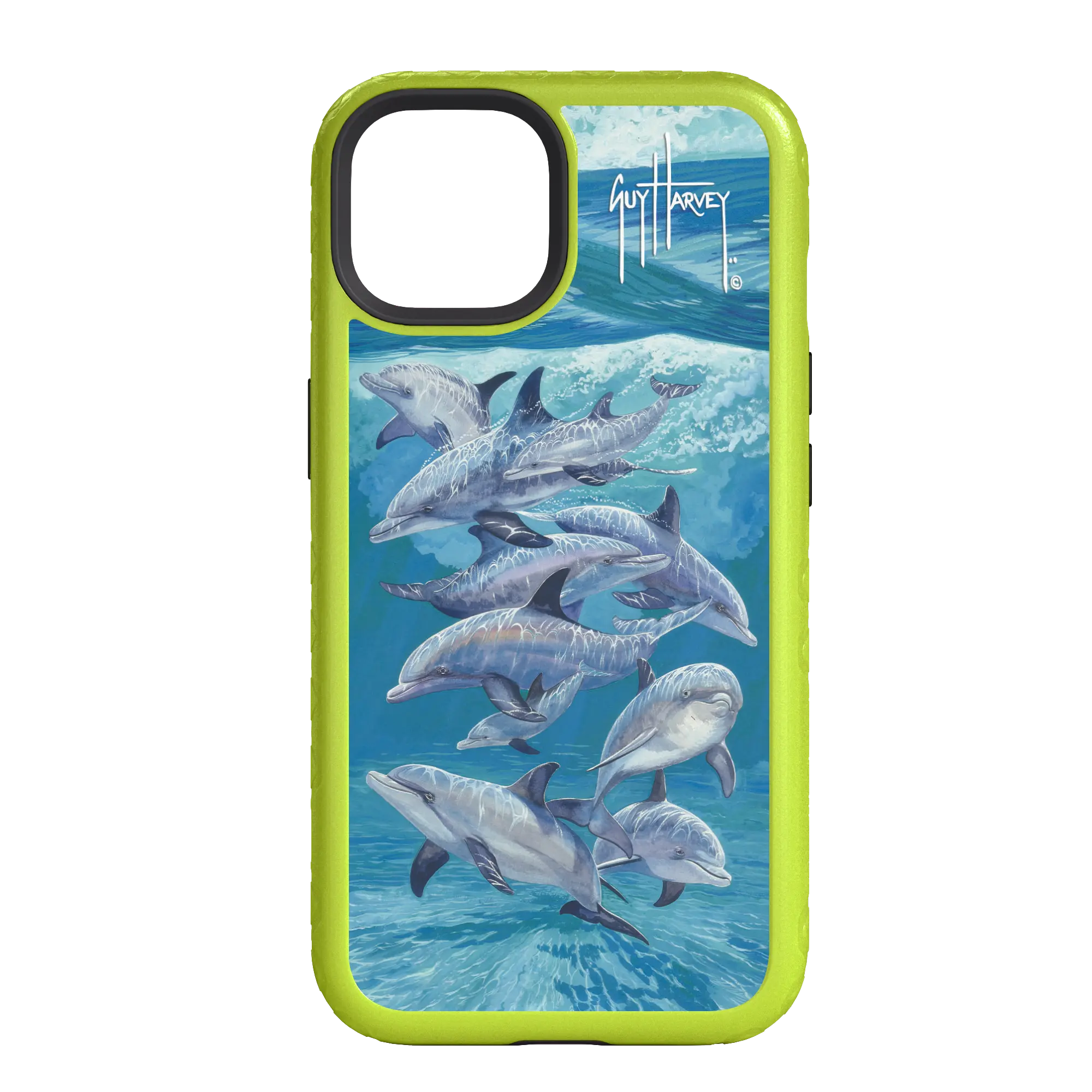 Guy Harvey Fortitude Series for Apple iPhone 14 - Bottlenose Dolphins - Custom Case - ElectricLime - cellhelmet