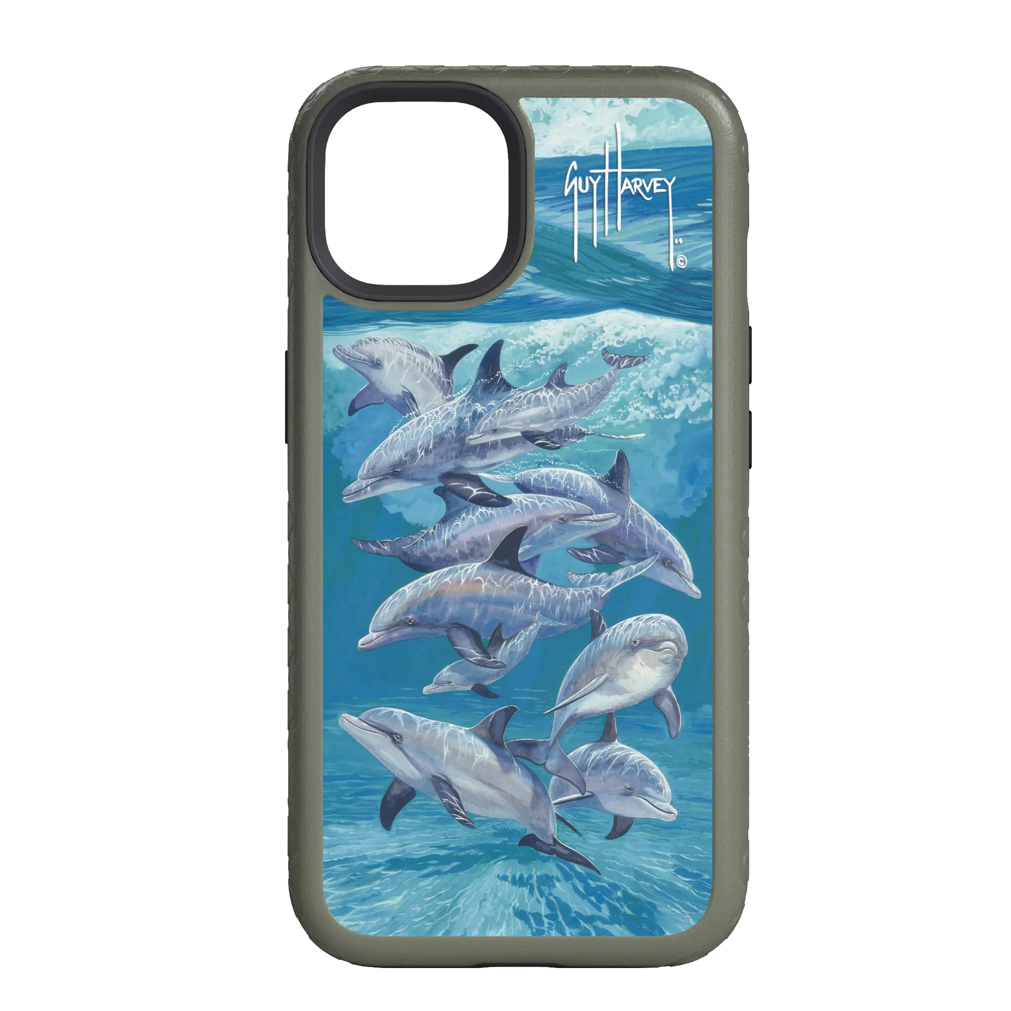Guy Harvey Fortitude Series for Apple iPhone 14 - Bottlenose Dolphins - Custom Case - OliveDrabGreen - cellhelmet