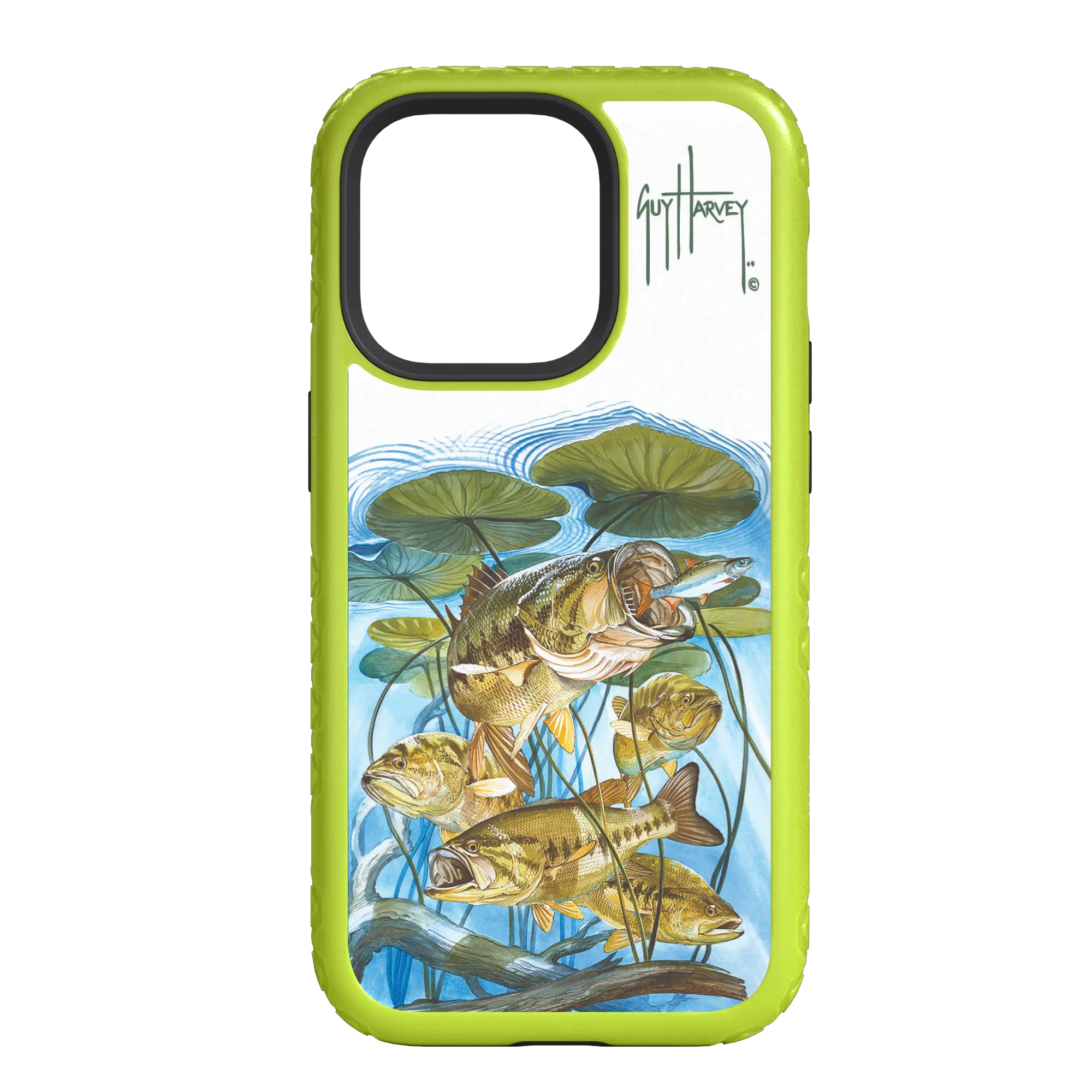 Guy Harvey Fortitude Series for Apple iPhone 14 Plus - Five Largemouth Under Lilypads - Custom Case - ElectricLime - cellhelmet