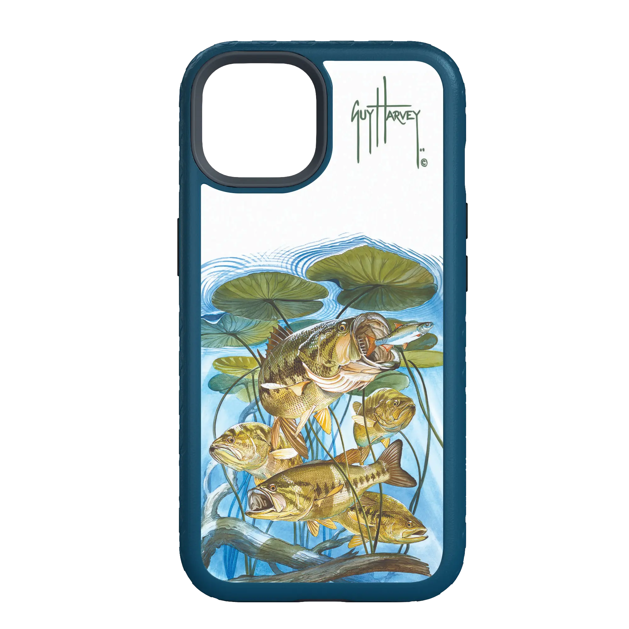 Guy Harvey Fortitude Series for Apple iPhone 14 Pro - Five Largemouth Under Lilypads - Custom Case - DeepSeaBlue - cellhelmet