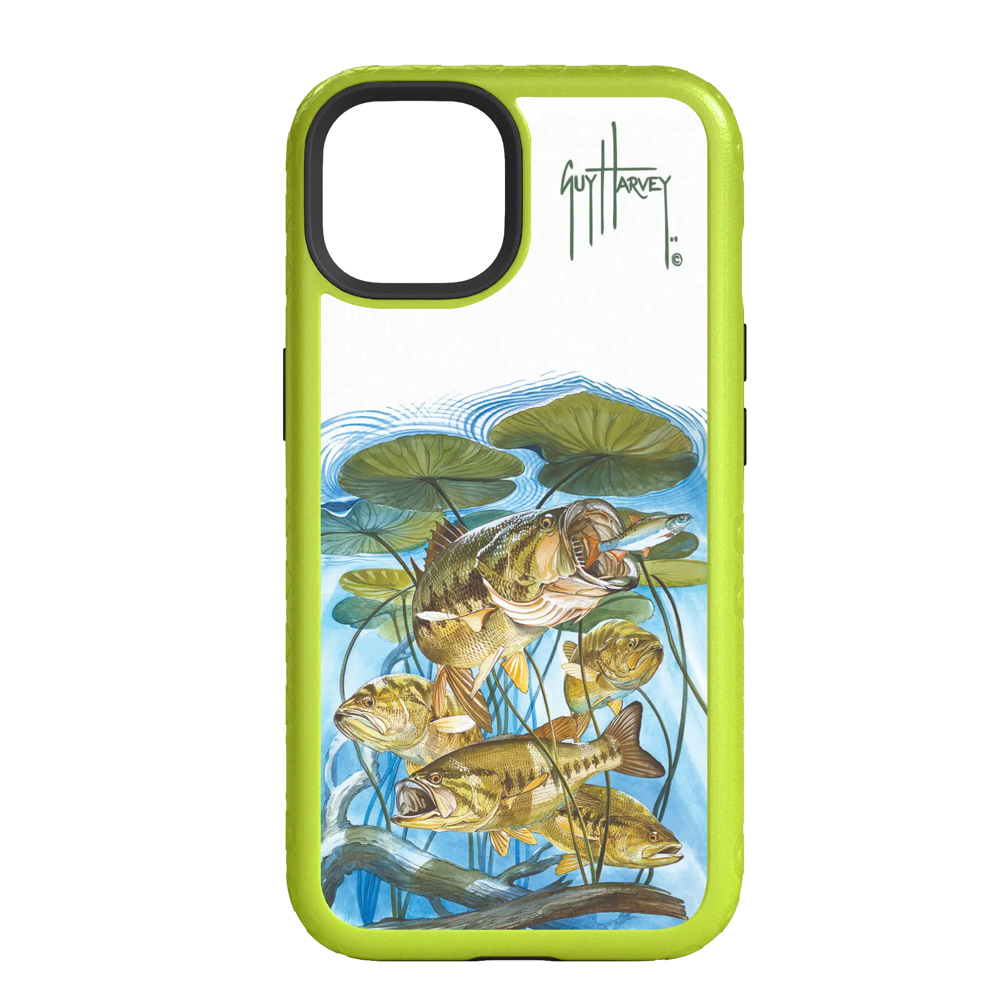Guy Harvey Fortitude Series for Apple iPhone 14 Pro - Five Largemouth Under Lilypads - Custom Case - ElectricLime - cellhelmet