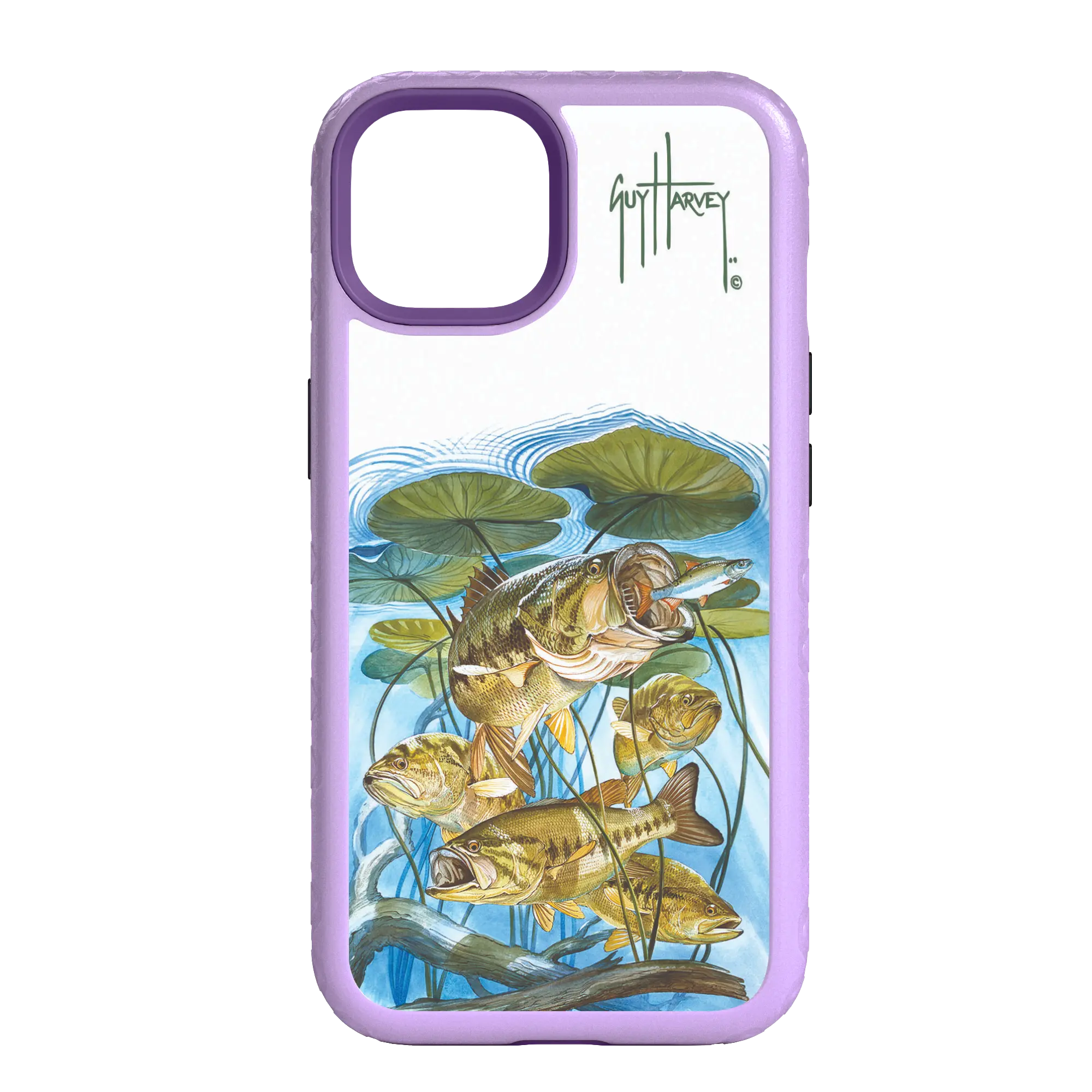 Guy Harvey Fortitude Series for Apple iPhone 14 Pro - Five Largemouth Under Lilypads - Custom Case - LilacBlossomPurple - cellhelmet