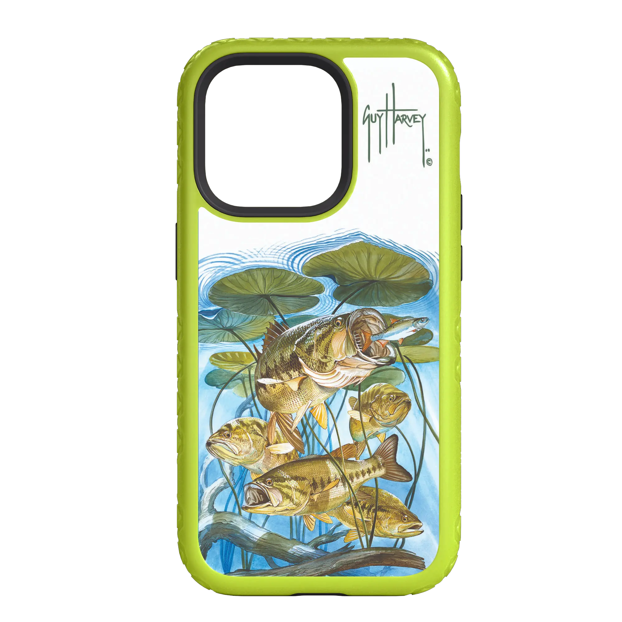 Guy Harvey Fortitude Series for Apple iPhone 14 Pro Max - Five Largemouth Under Lilypads - Custom Case - ElectricLime - cellhelmet