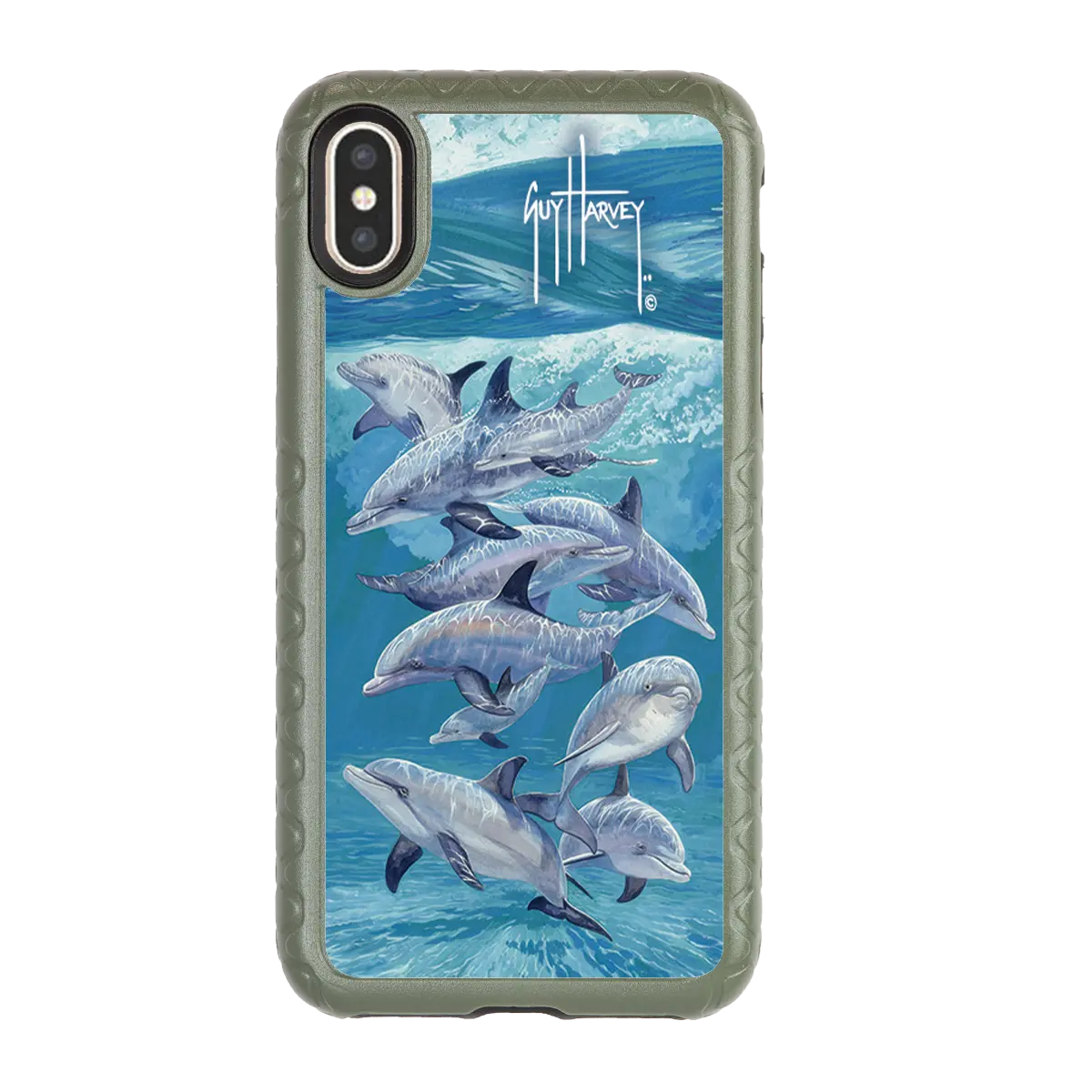Guy Harvey Fortitude Series for Apple iPhone XS/X - Bottlenose Dolphins - Custom Case - OliveDrabGreen - cellhelmet