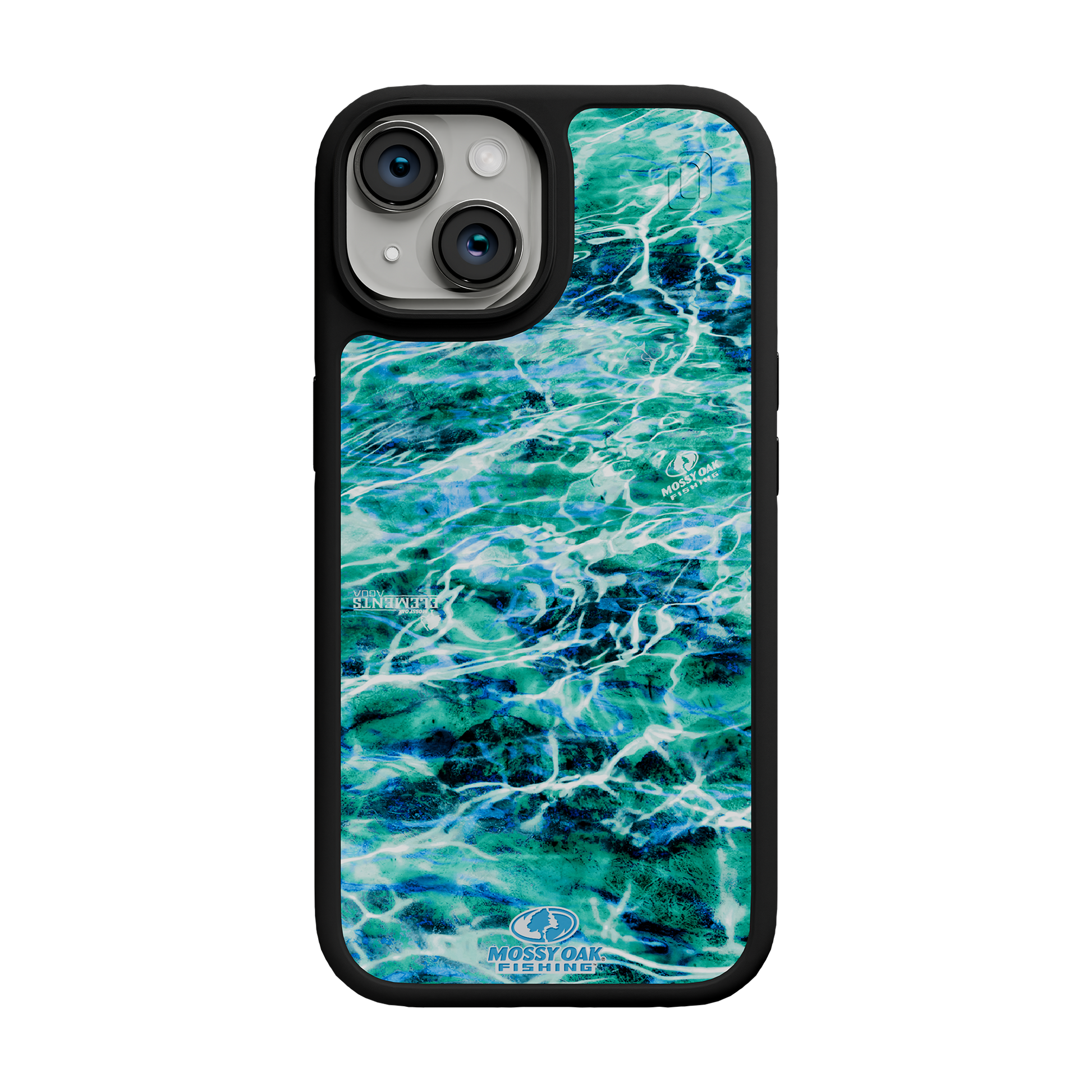 Shock-Absorbent MagSafe® Case for Apple iPhone 15 | Mossy Oak Agua Seafoam Blue Camo Onyx Black