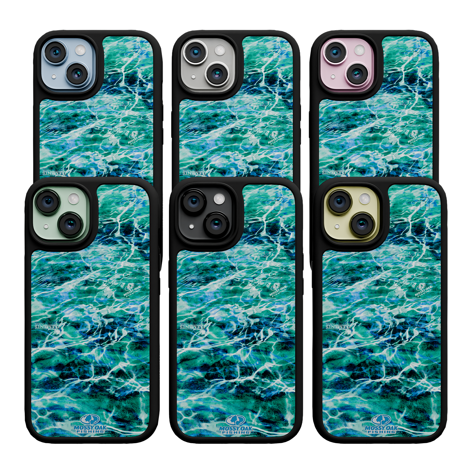 Shock-Absorbent MagSafe® Case for Apple iPhone 15 | Mossy Oak Agua Seafoam Blue Camo Onyx Black