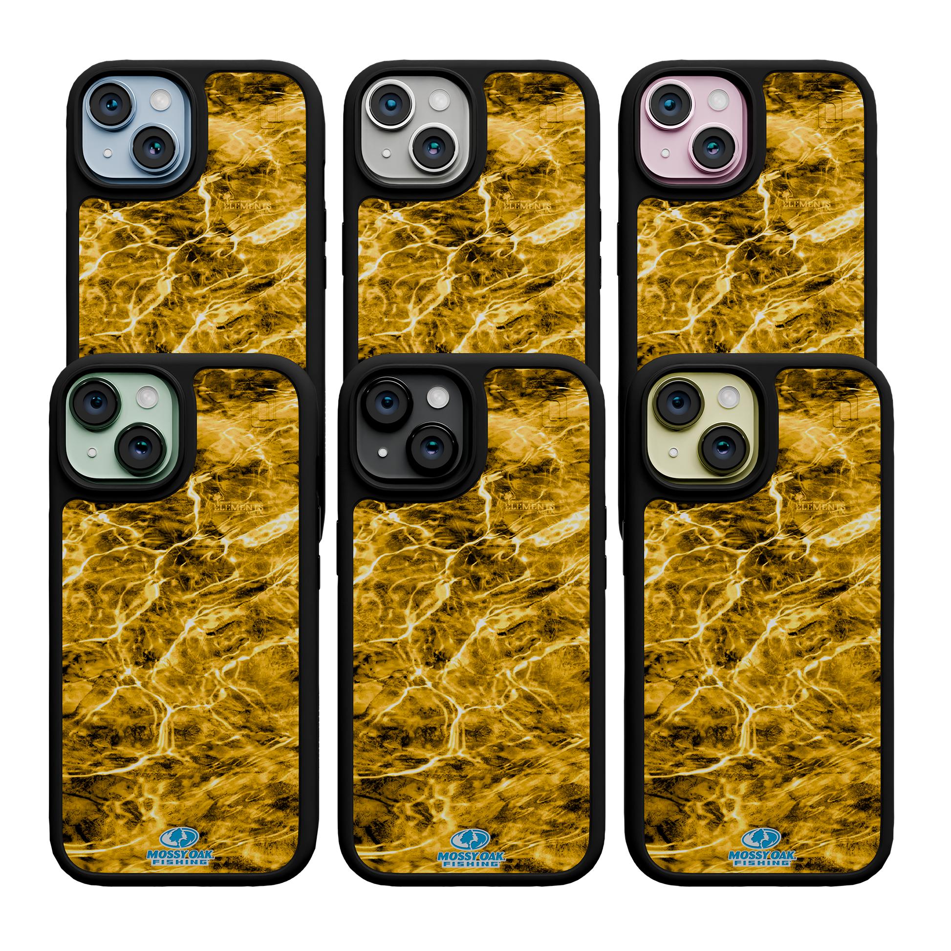 Shock-Absorbent MagSafe® Case for Apple iPhone 15 | Mossy Oak Agua Yellowfin Camo Onyx Black