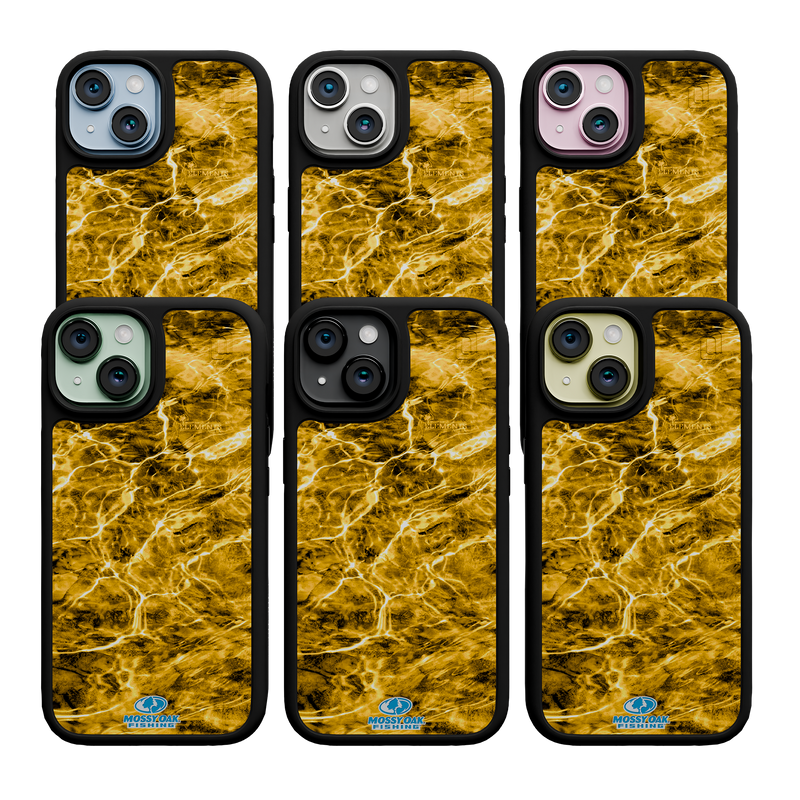 Shock-Absorbent MagSafe® Case for Apple iPhone 15 | Mossy Oak Agua Yellowfin Camo Onyx Black