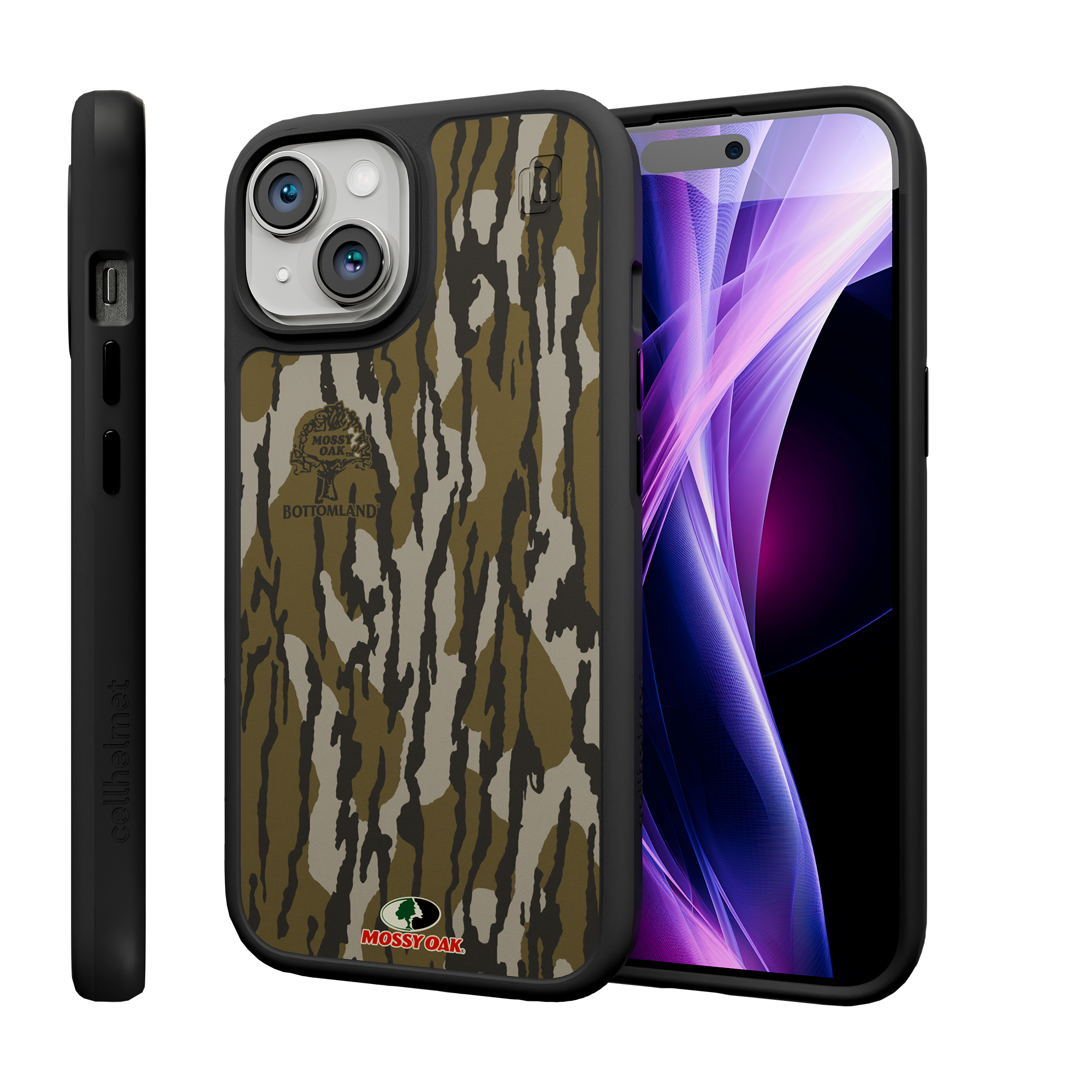 Shock-Absorbent MagSafe® Case for Apple iPhone 15 | Mossy Oak Bottomland Camo Onyx Black