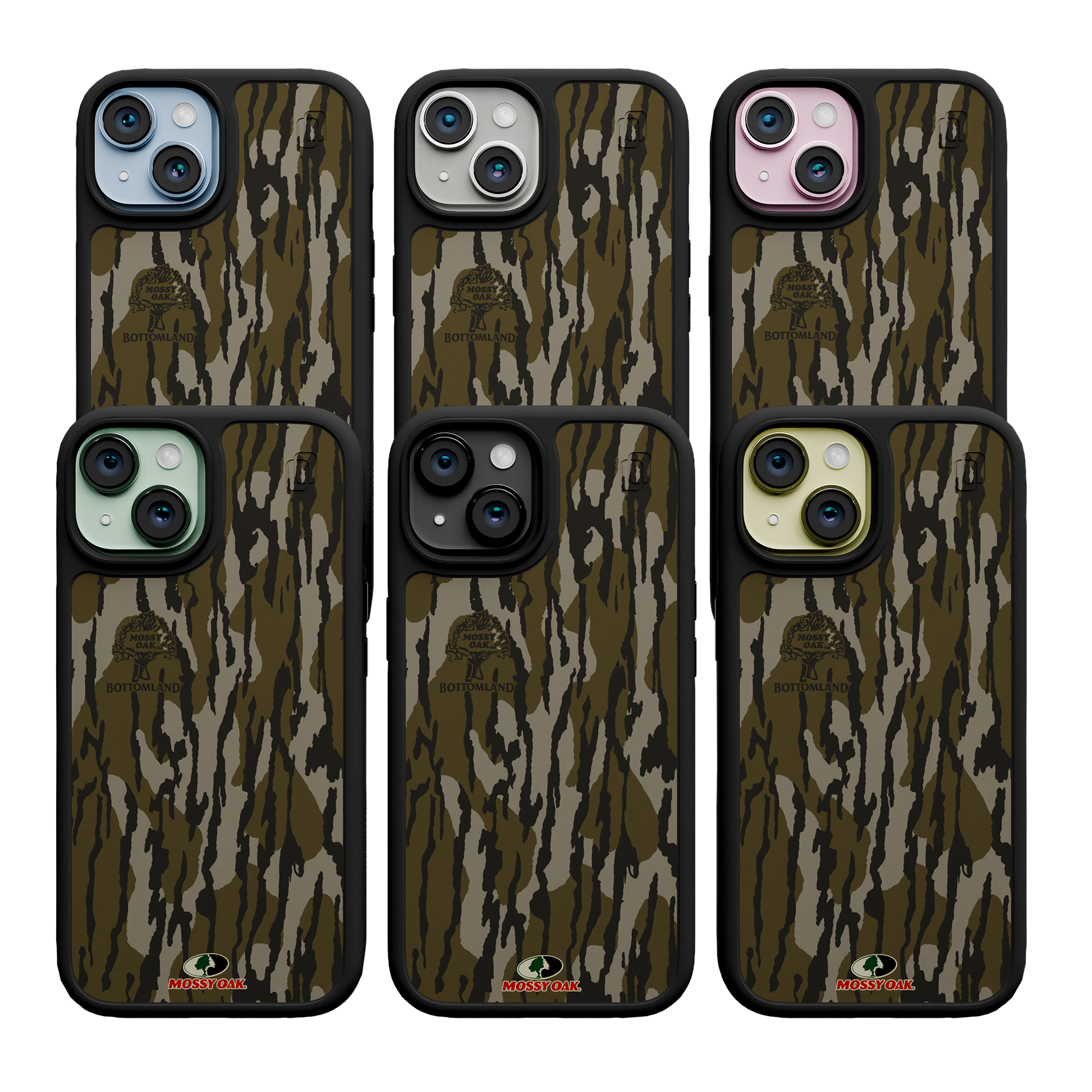 Shock-Absorbent MagSafe® Case for Apple iPhone 15 | Mossy Oak Bottomland Camo Onyx Black