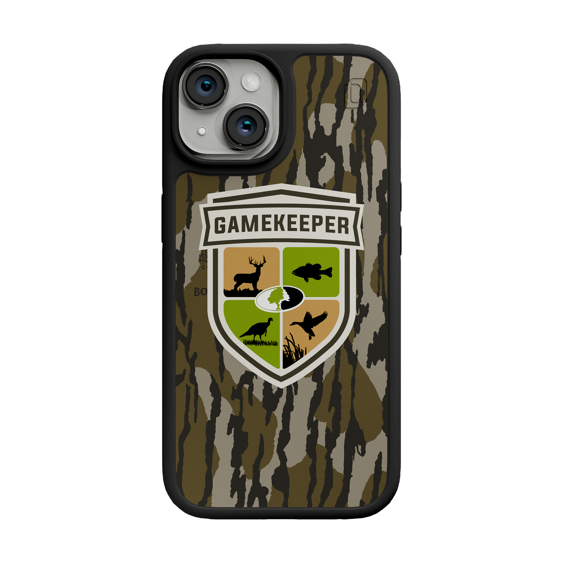Shock-Absorbent MagSafe® Case for Apple iPhone 15 | Mossy Oak Gamekeeper Bottomland Camo Onyx Black