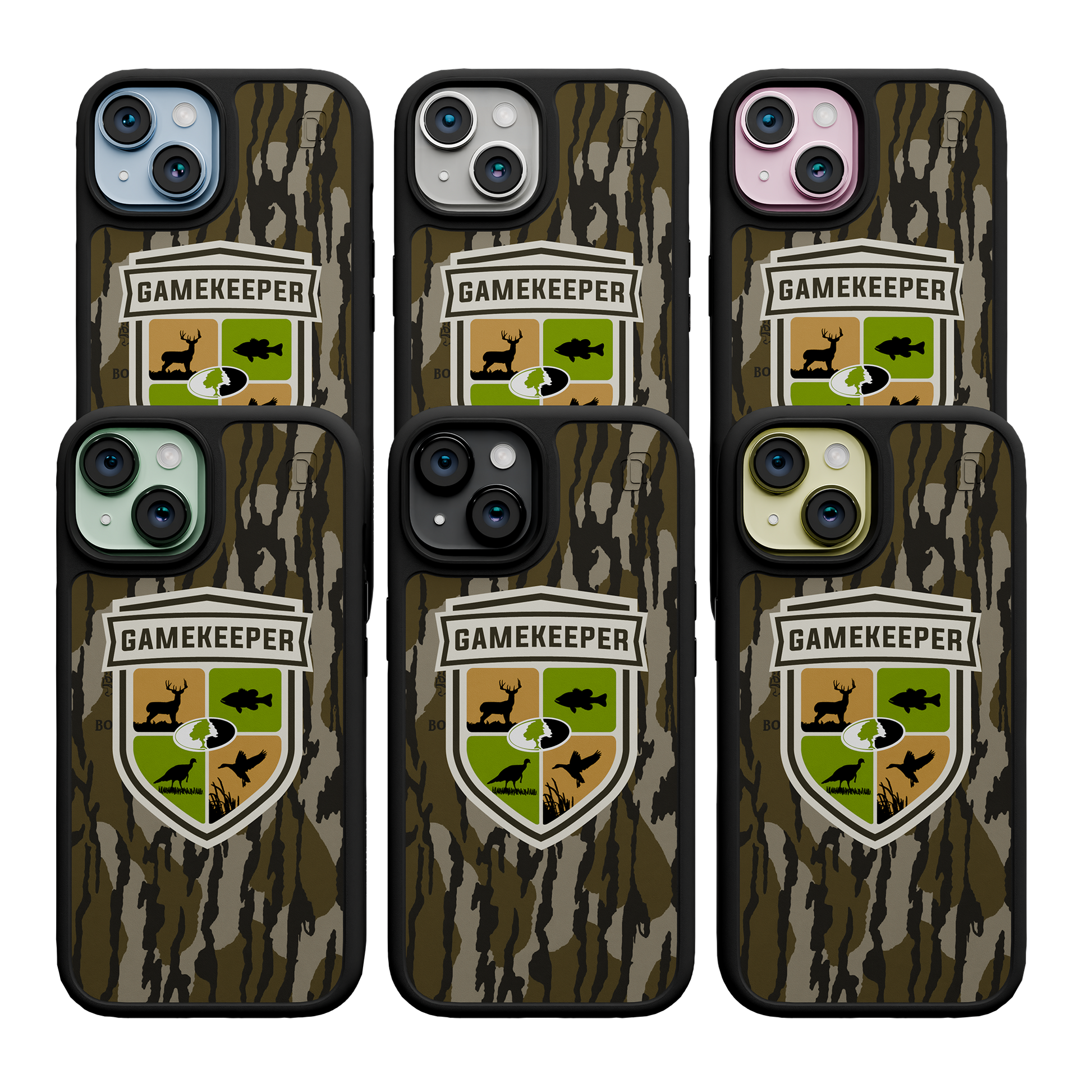 Shock-Absorbent MagSafe® Case for Apple iPhone 15 | Mossy Oak Gamekeeper Bottomland Camo Onyx Black