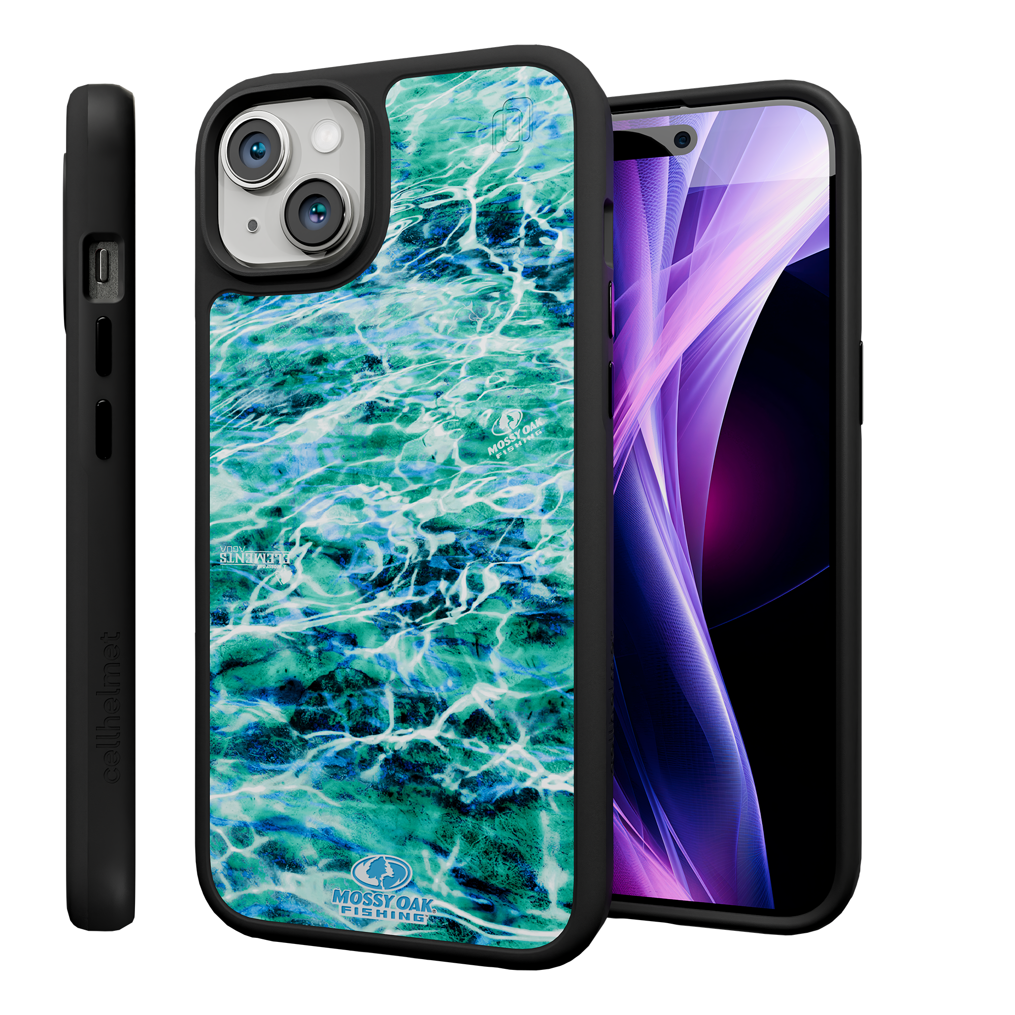 Shock-Absorbent MagSafe® Case for Apple iPhone 15 Plus | Mossy Oak Agua Seafoam Blue Camo Onyx Black