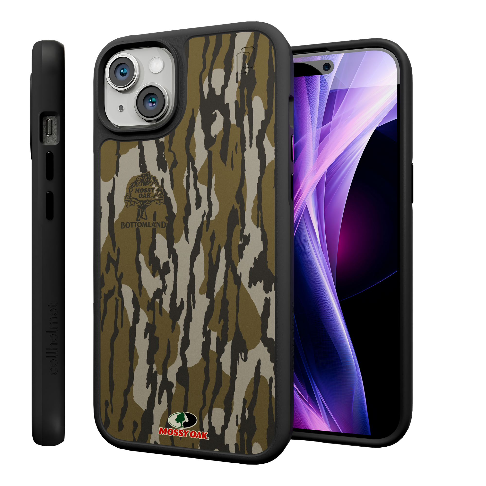 Shock-Absorbent MagSafe® Case for Apple iPhone 15 Plus | Mossy Oak Bottomland Camo Onyx Black