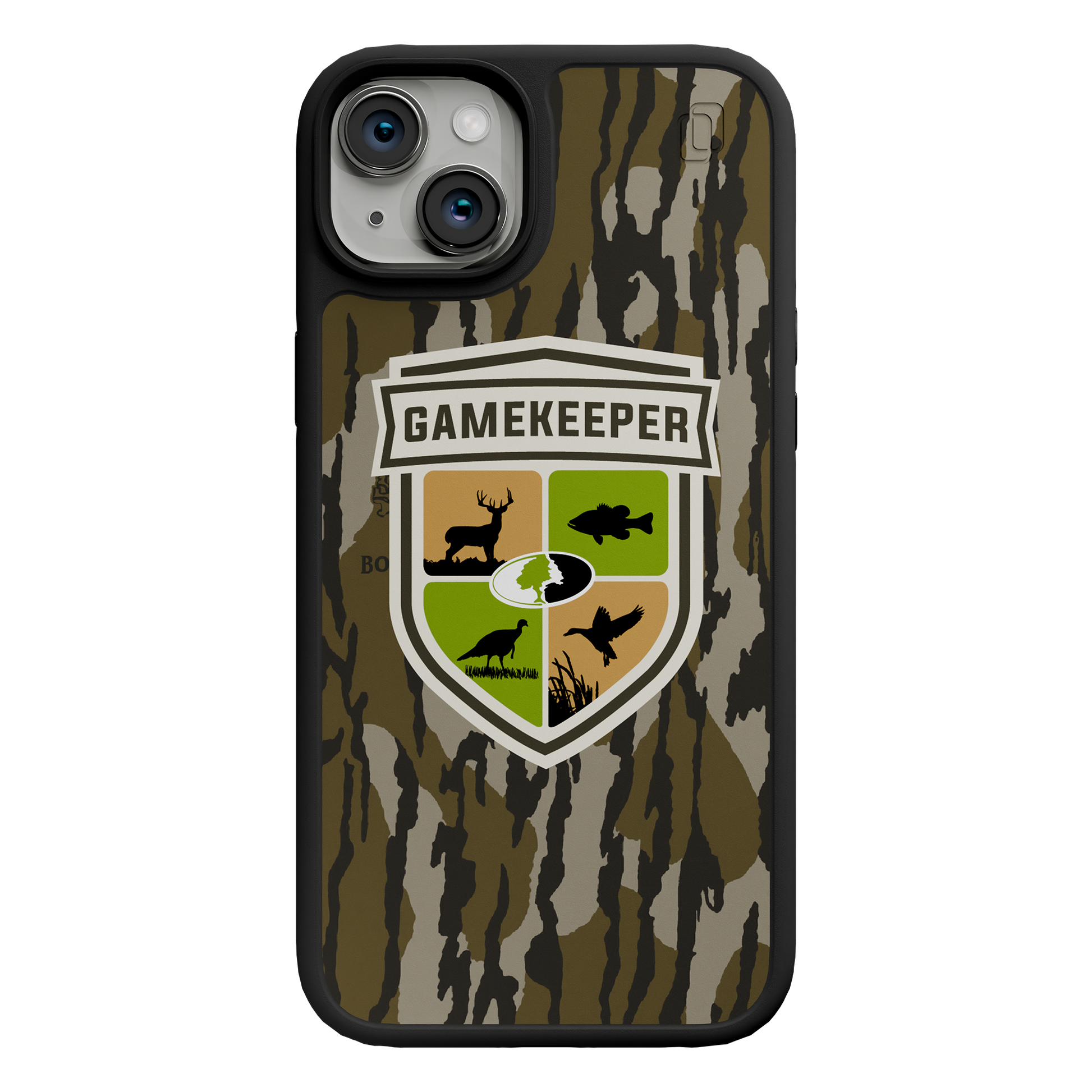 Shock-Absorbent MagSafe® Case for Apple iPhone 15 Plus| Mossy Oak Gamekeeper Bottomland Camo Onyx Black