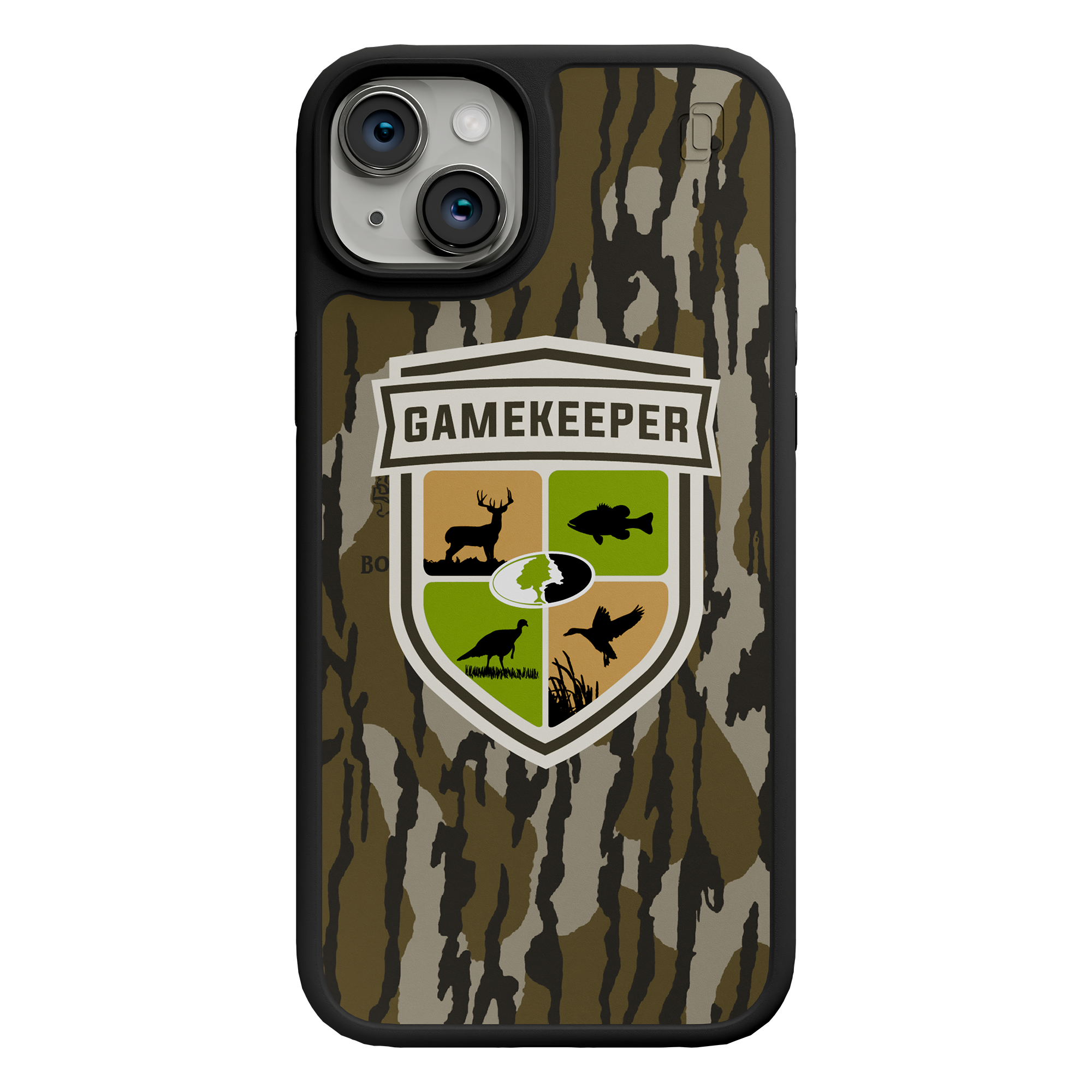 Shock-Absorbent MagSafe® Case for Apple iPhone 15 Plus| Mossy Oak Gamekeeper Bottomland Camo Onyx Black