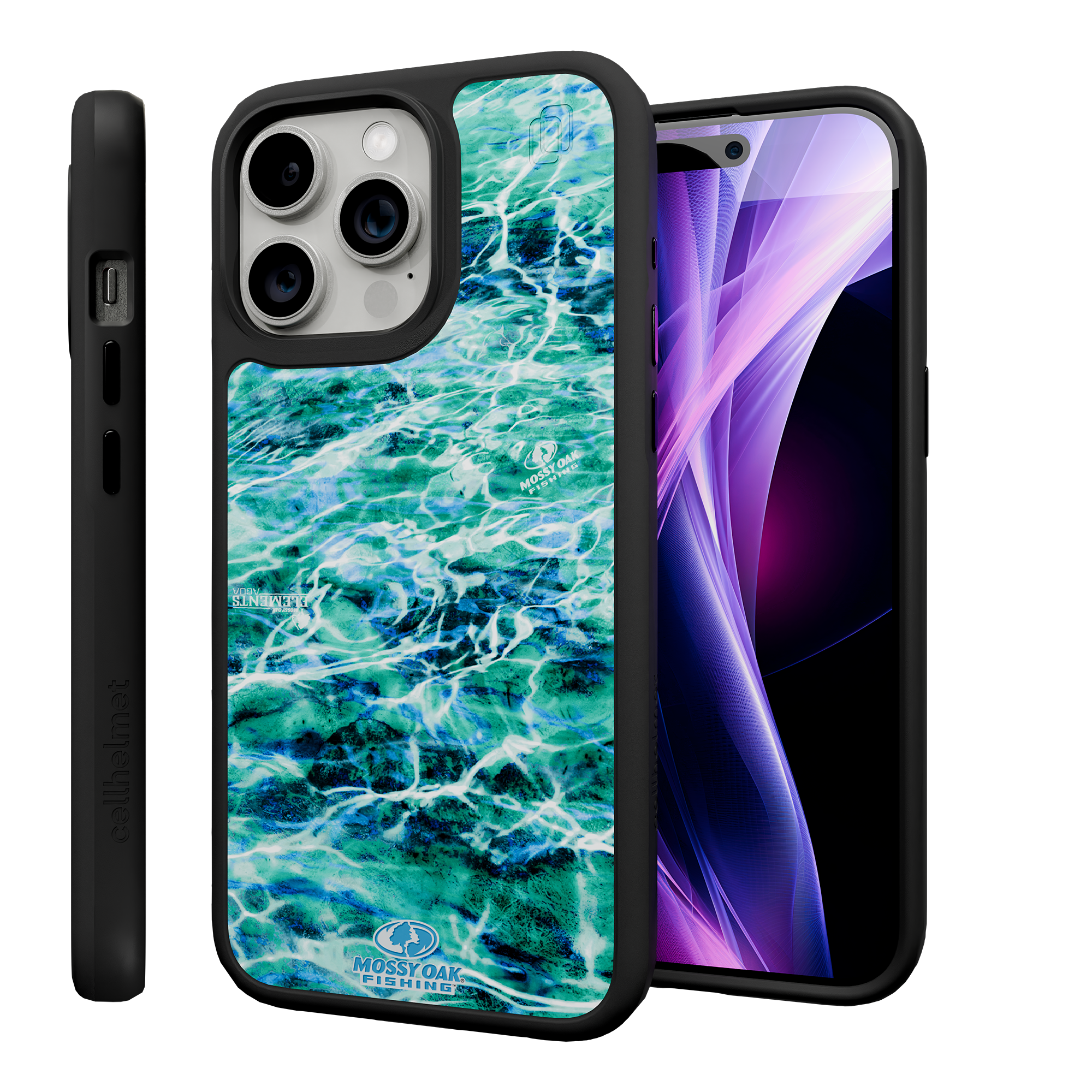 Shock-Absorbent MagSafe® Case for Apple iPhone 15 Pro Max | Mossy Oak Agua Seafoam Blue Camo Onyx Black